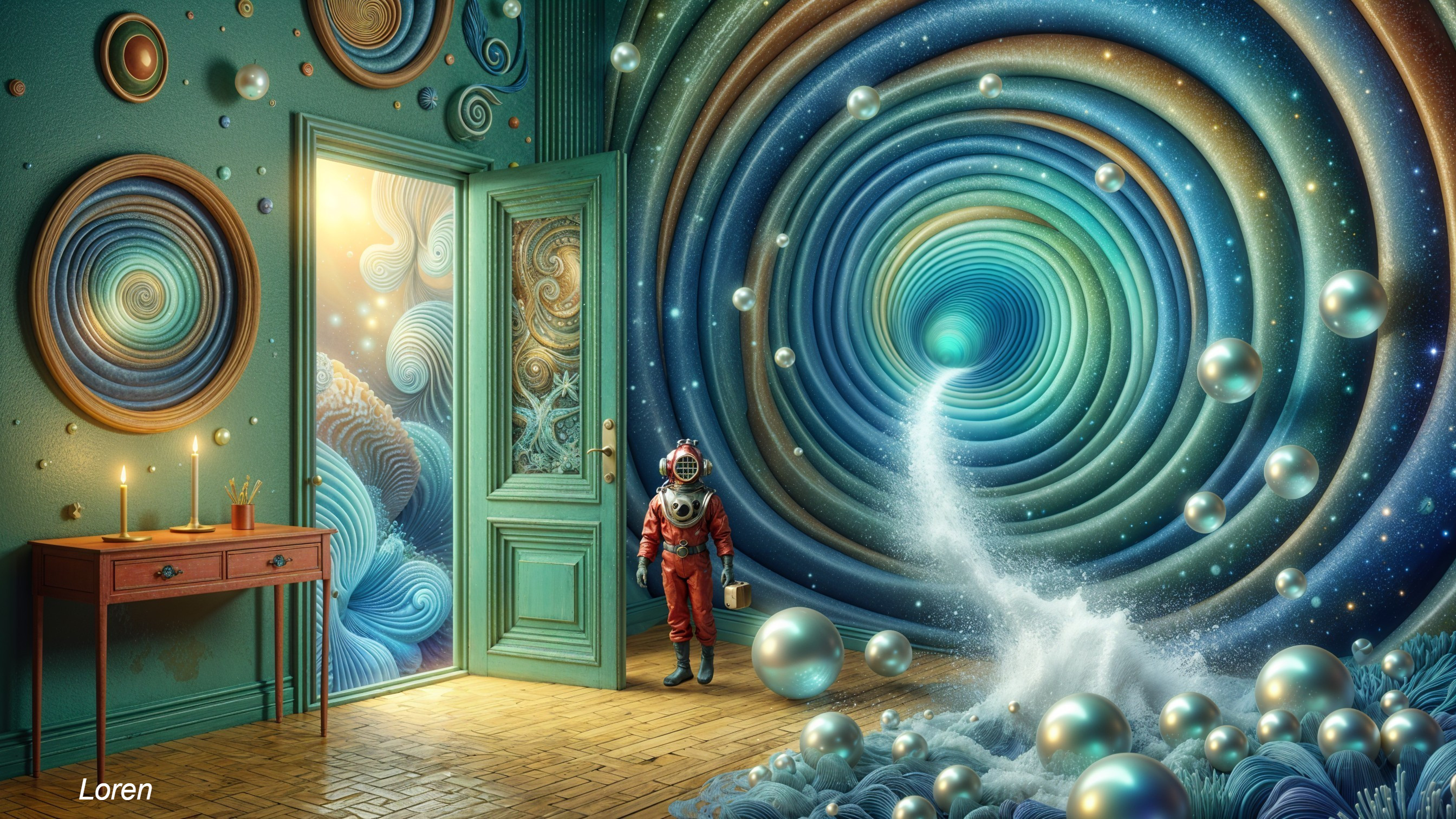 Astronaut at Ornate Doorway in Surreal Colorful Tunnel