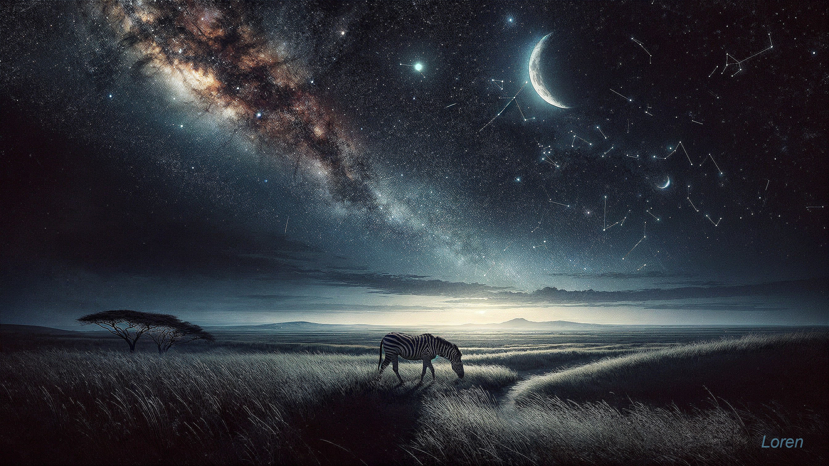 Zebra Grazing Under Starry Night Sky Landscape