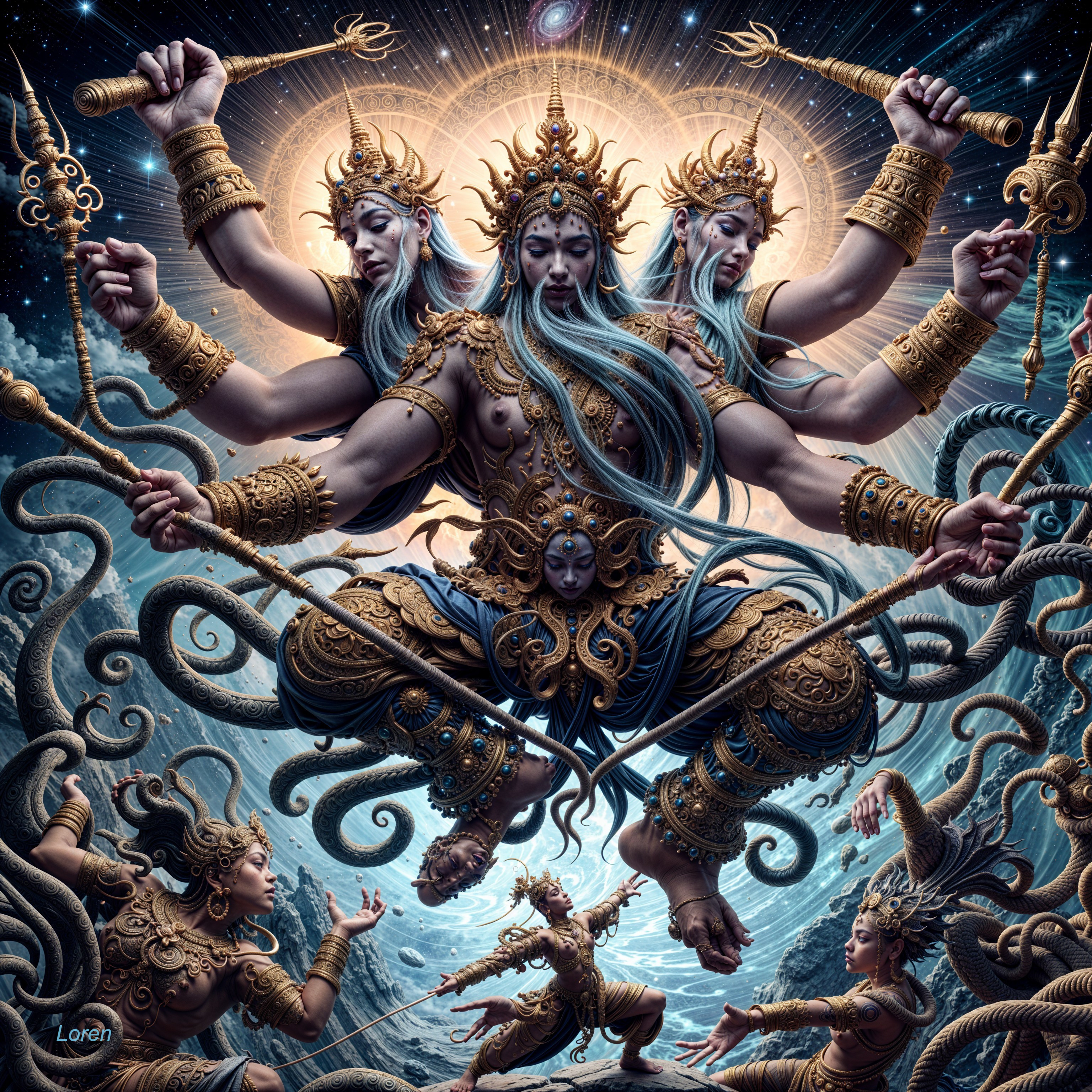 Deity with Multiple Arms Above Tumultuous Ocean