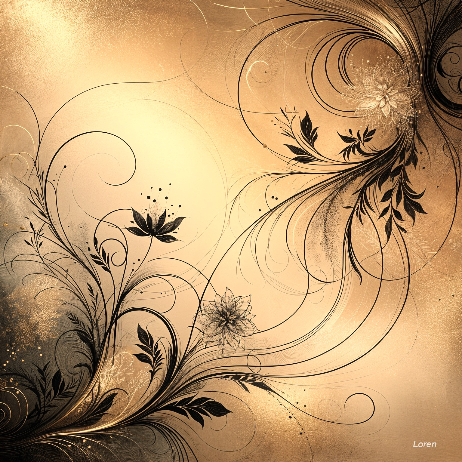 Intricate Black Floral Patterns on Golden Background