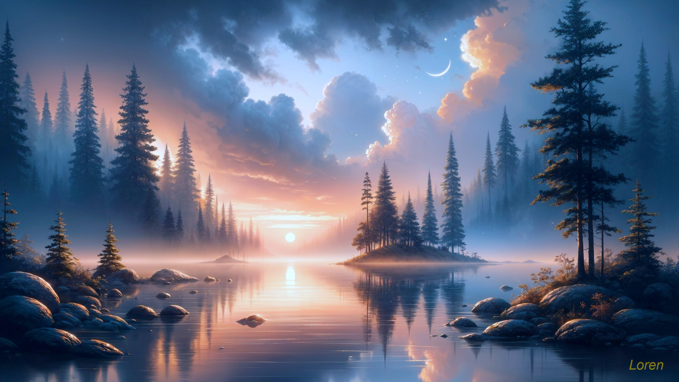 Twilight Landscape with Calm Lake and Silhouetted Trees