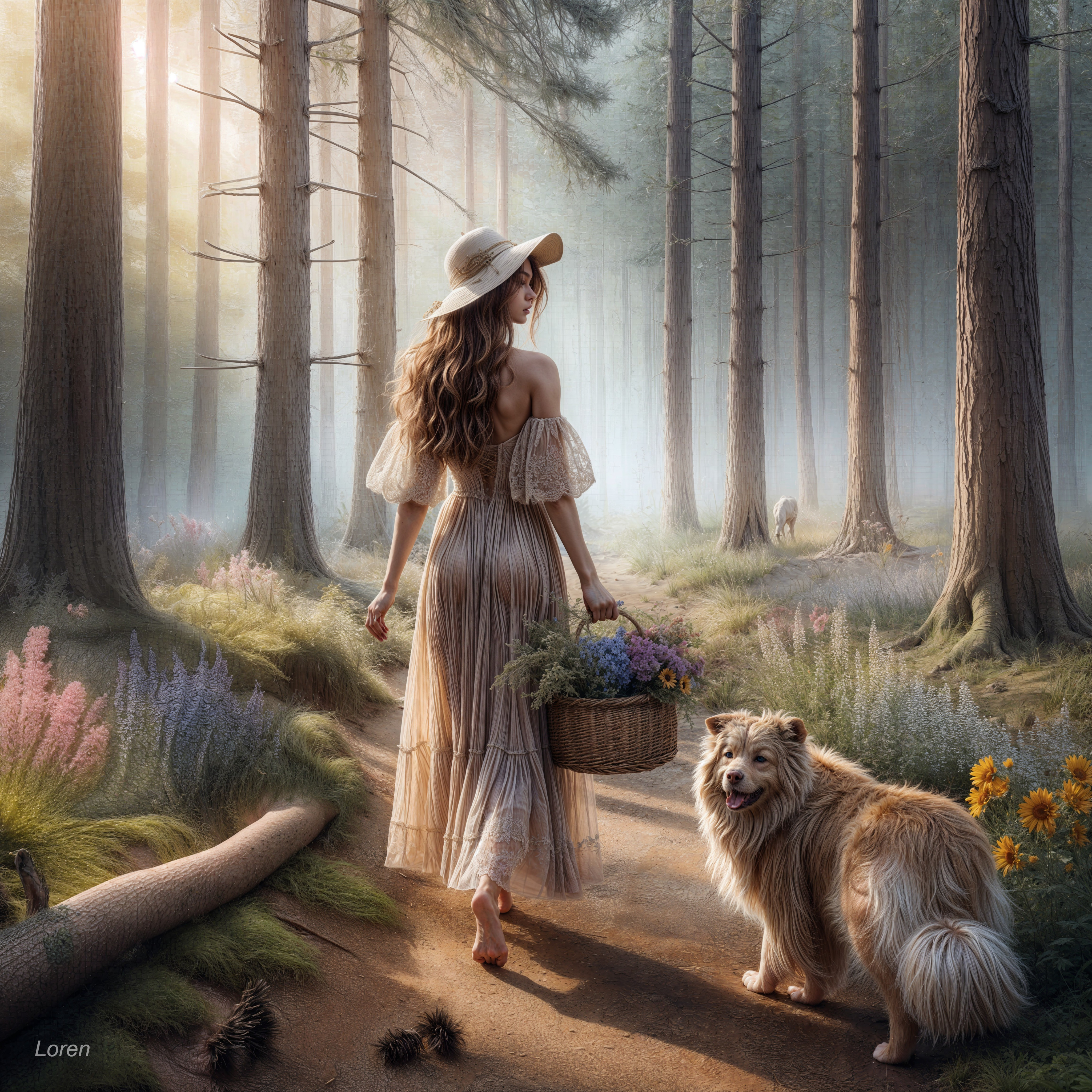 Woman in gown walks in serene forest with dog and flowers
