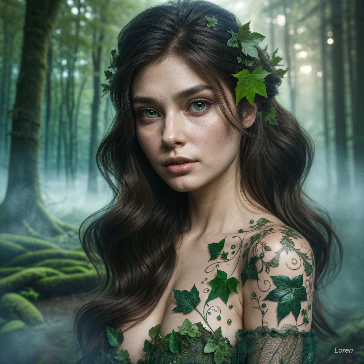 Young Woman in Lush Forest with Leaf Patterns