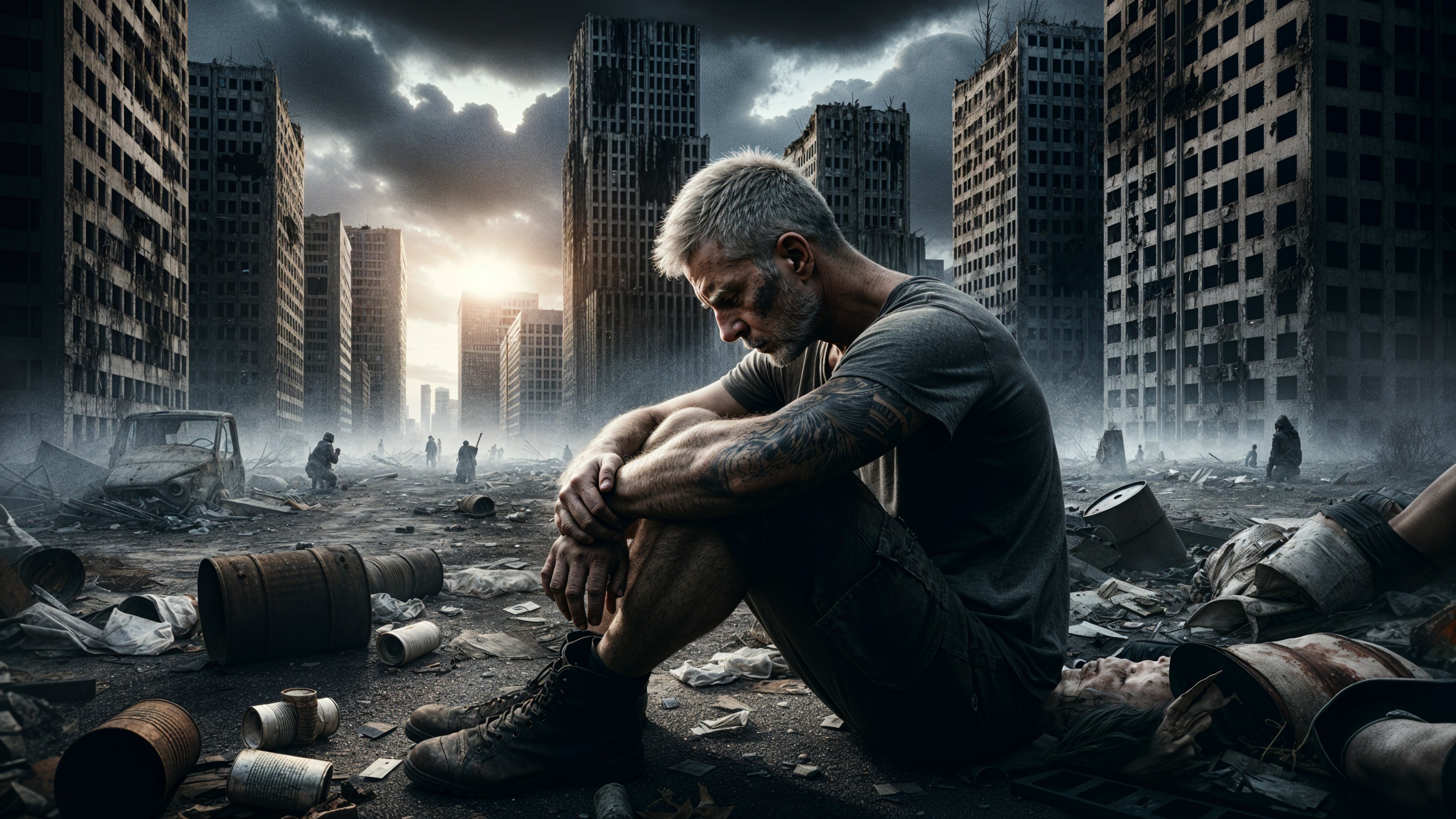 Post-Apocalyptic Urban Landscape with Isolated Man