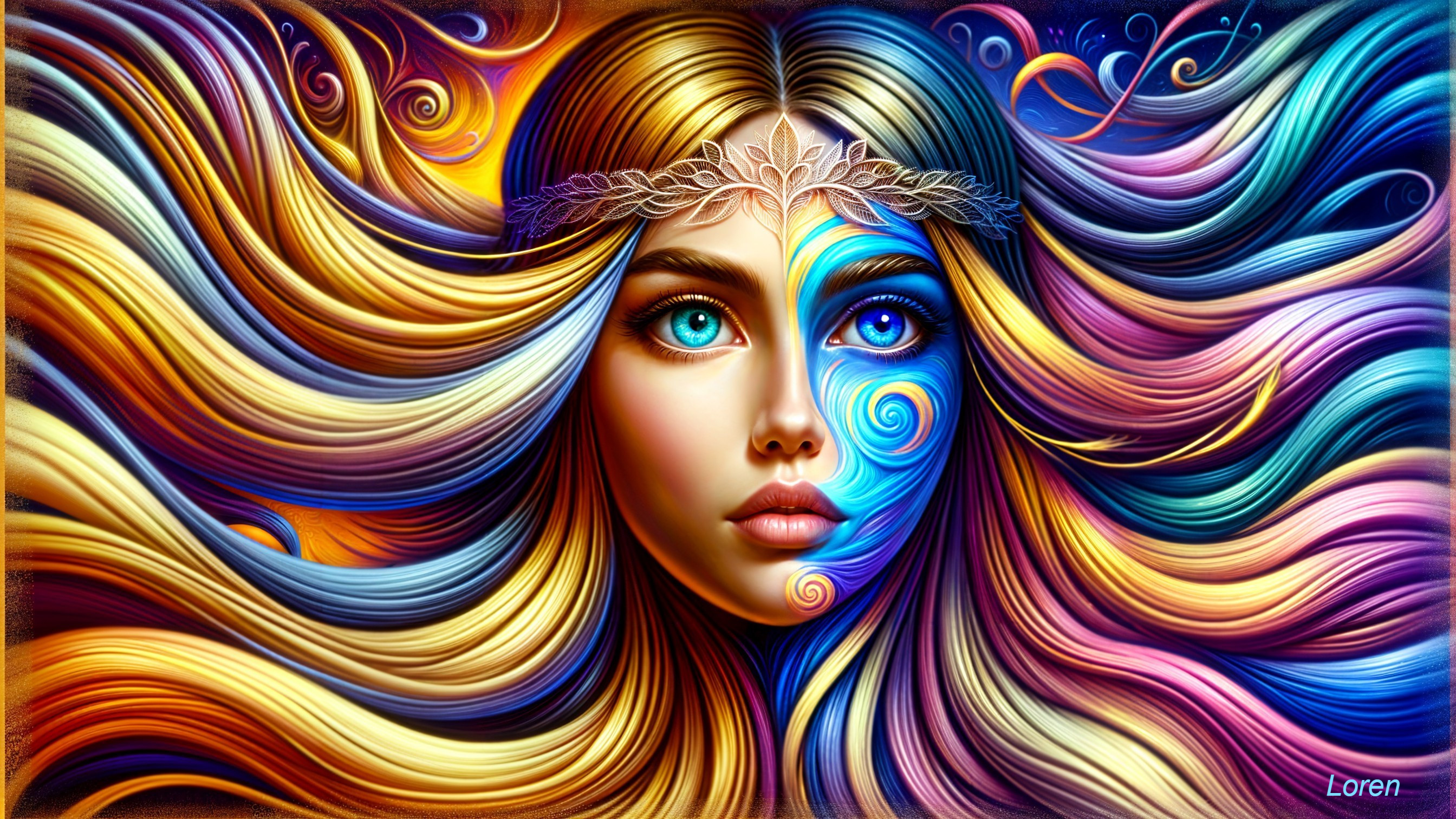 Mesmerizing female figure with vibrant hair and patterns