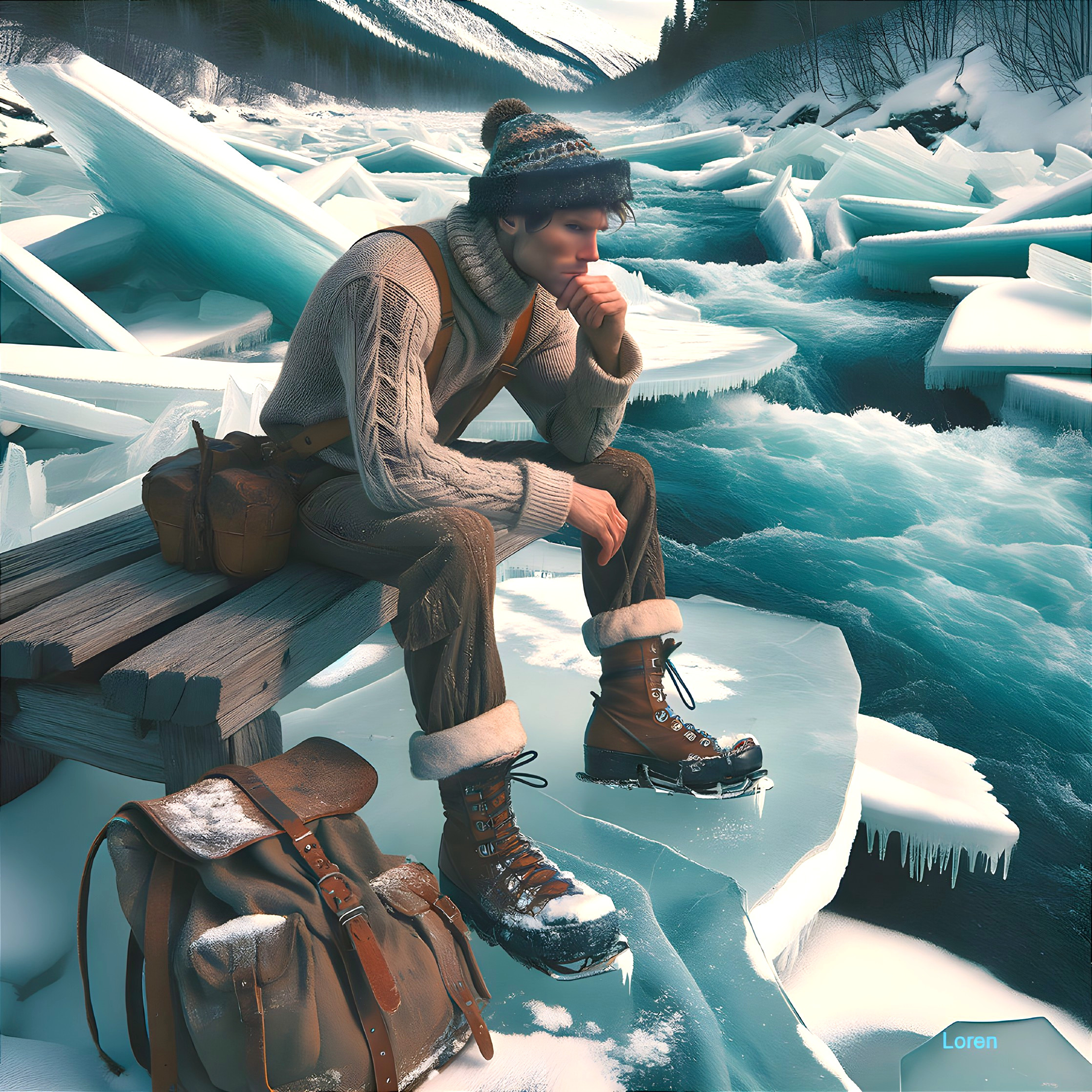 Young man on bench by frozen river in winter setting