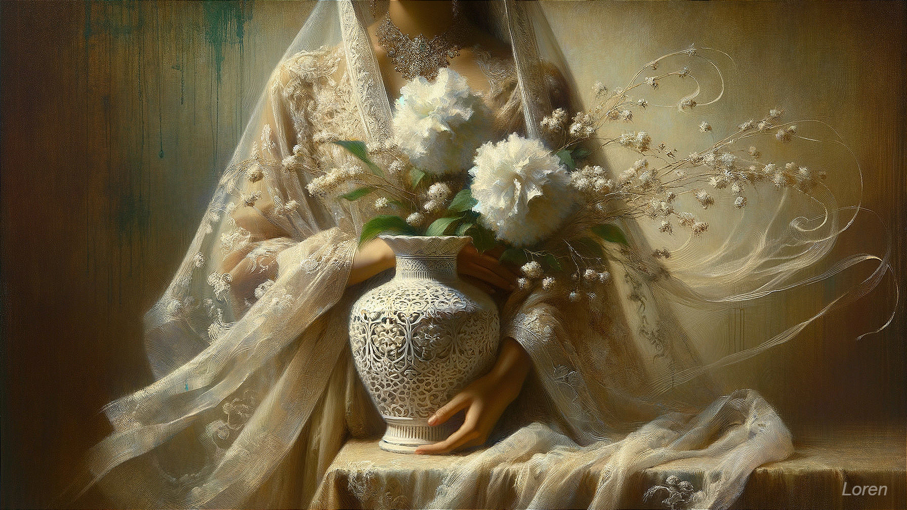 Elegant figure in translucent gown with ornate vase