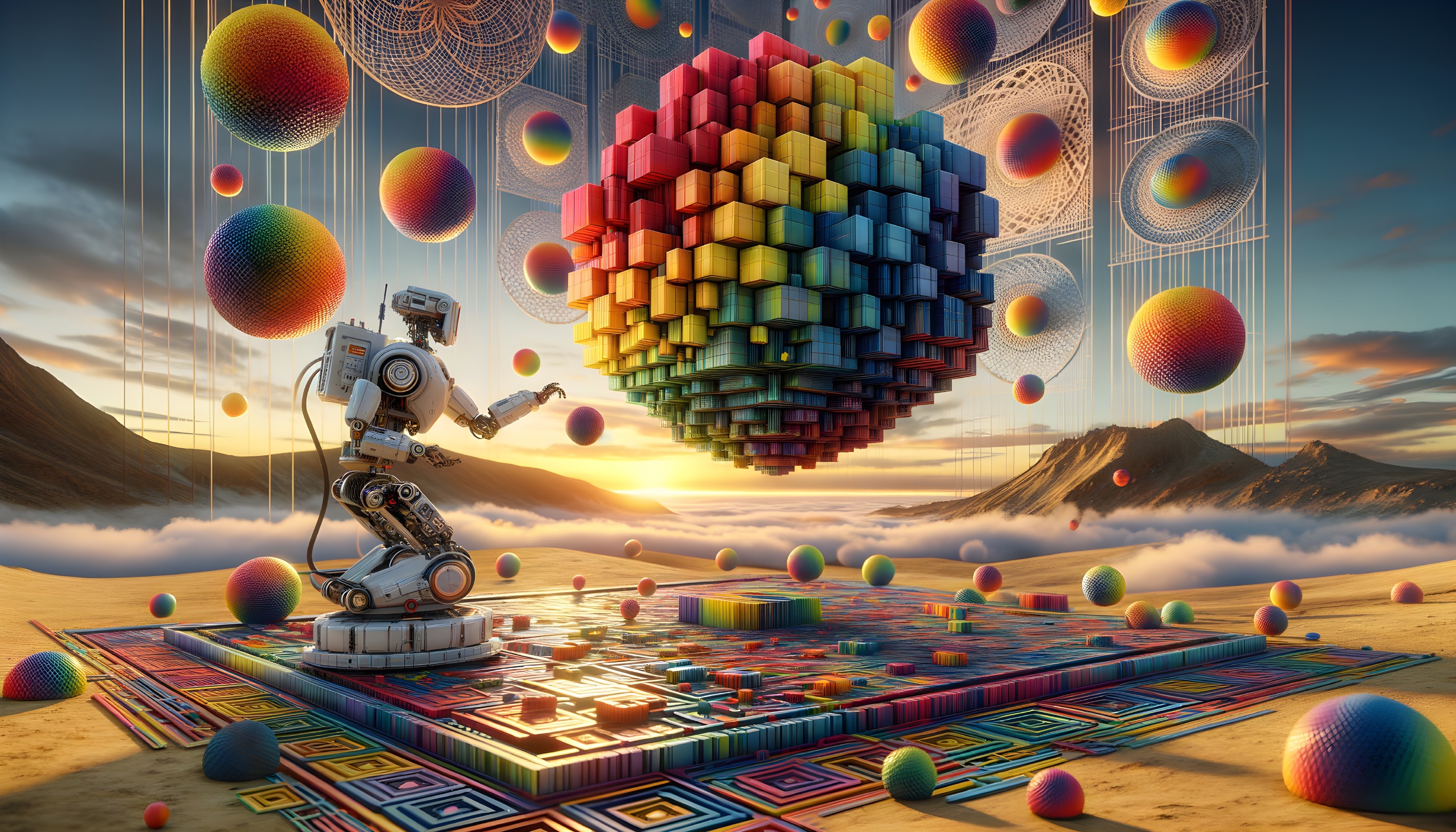 Futuristic Robot with Colorful Geometric Cube in Landscape