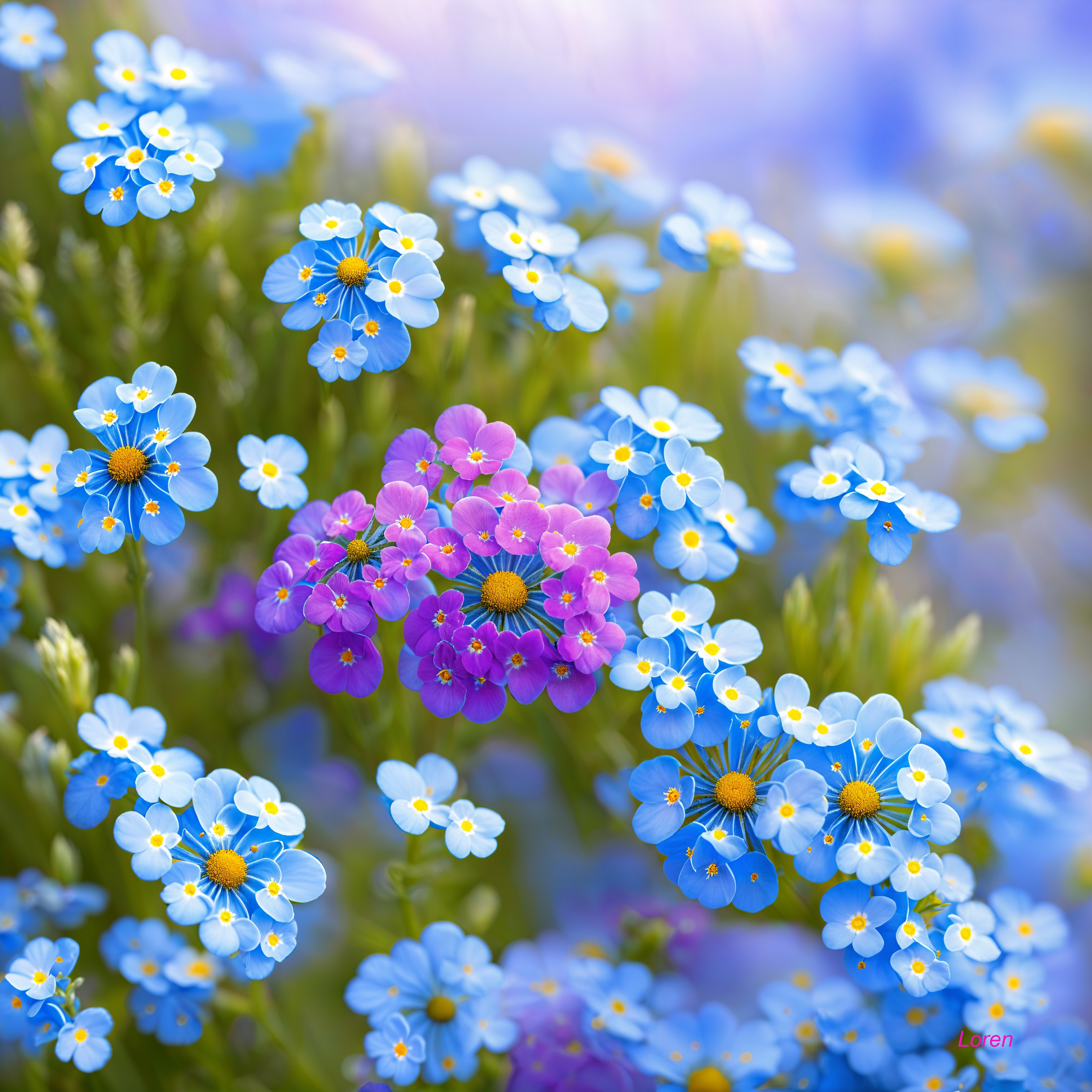 Vibrant Field of Blue and Purple Flowers in Soft Focus