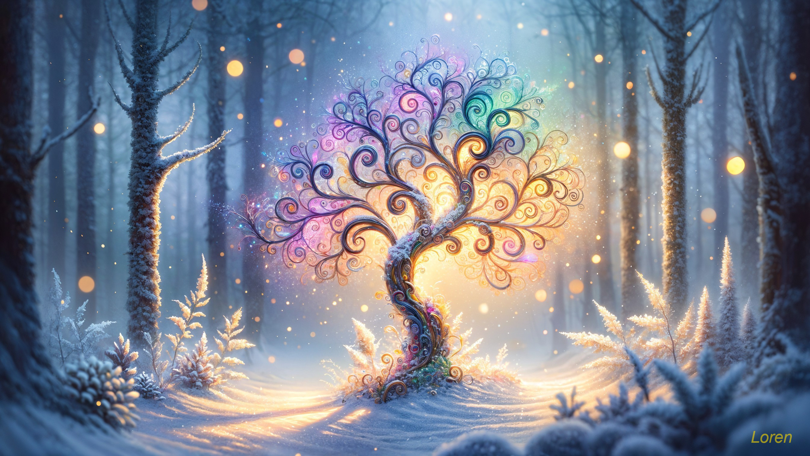 Whimsical Colorful Tree in a Snowy Forest Setting