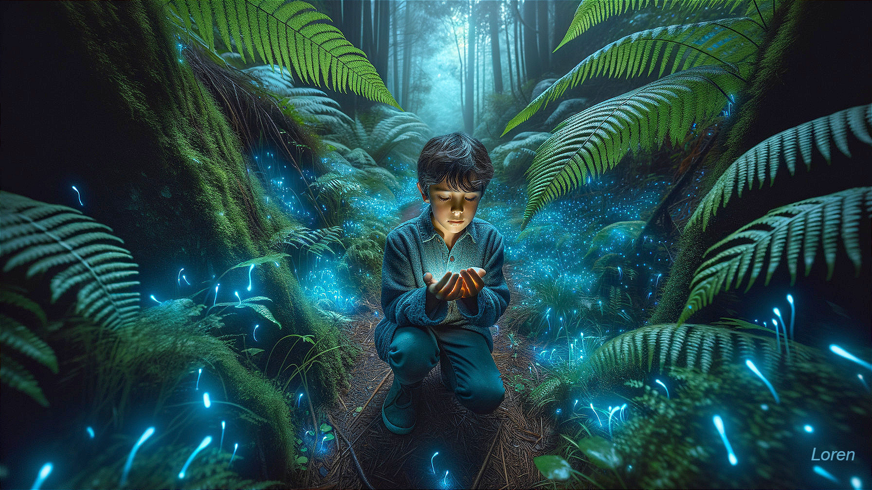 Young boy in mystical forest with glowing plants