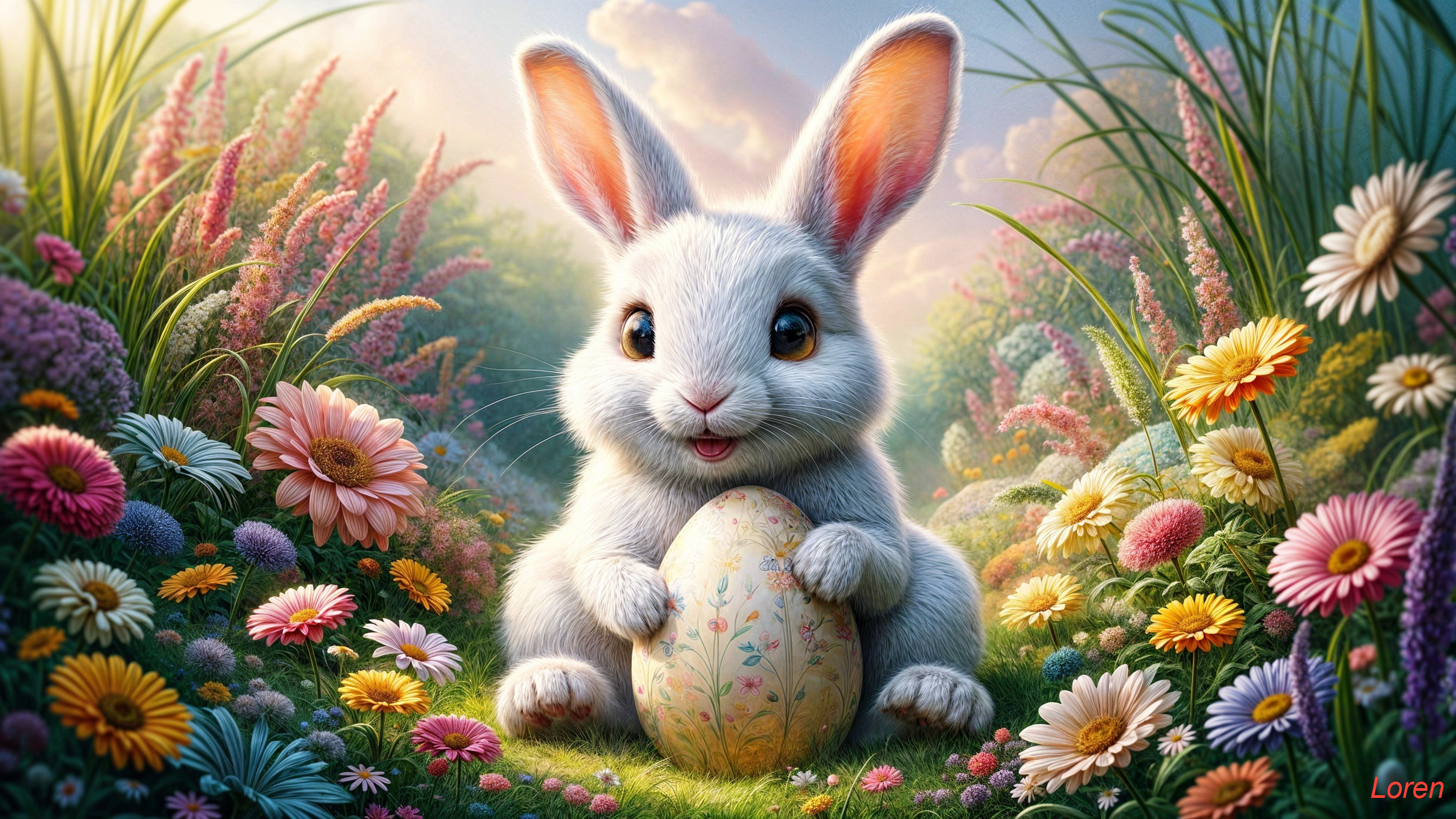 Whimsical Bunny in Colorful Flower Meadow Scene