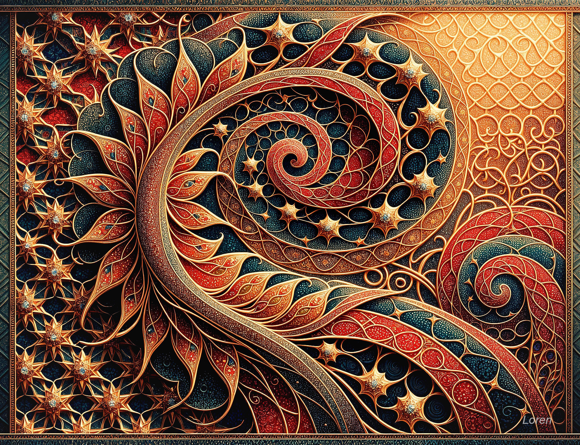 Intricate Design with Swirling Patterns and Vibrant Colors