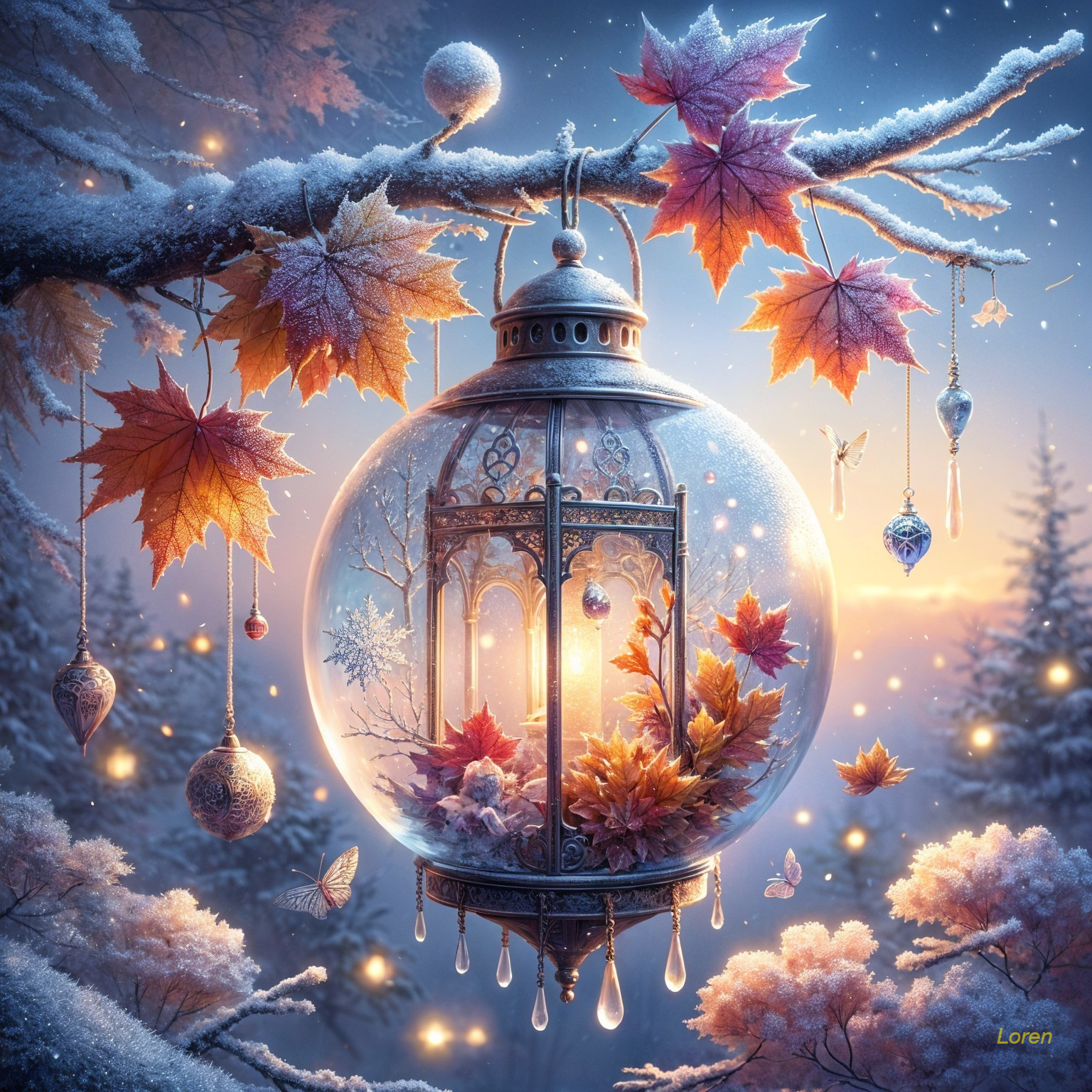 Ornate Lantern with Autumn Leaves in Winter Scene