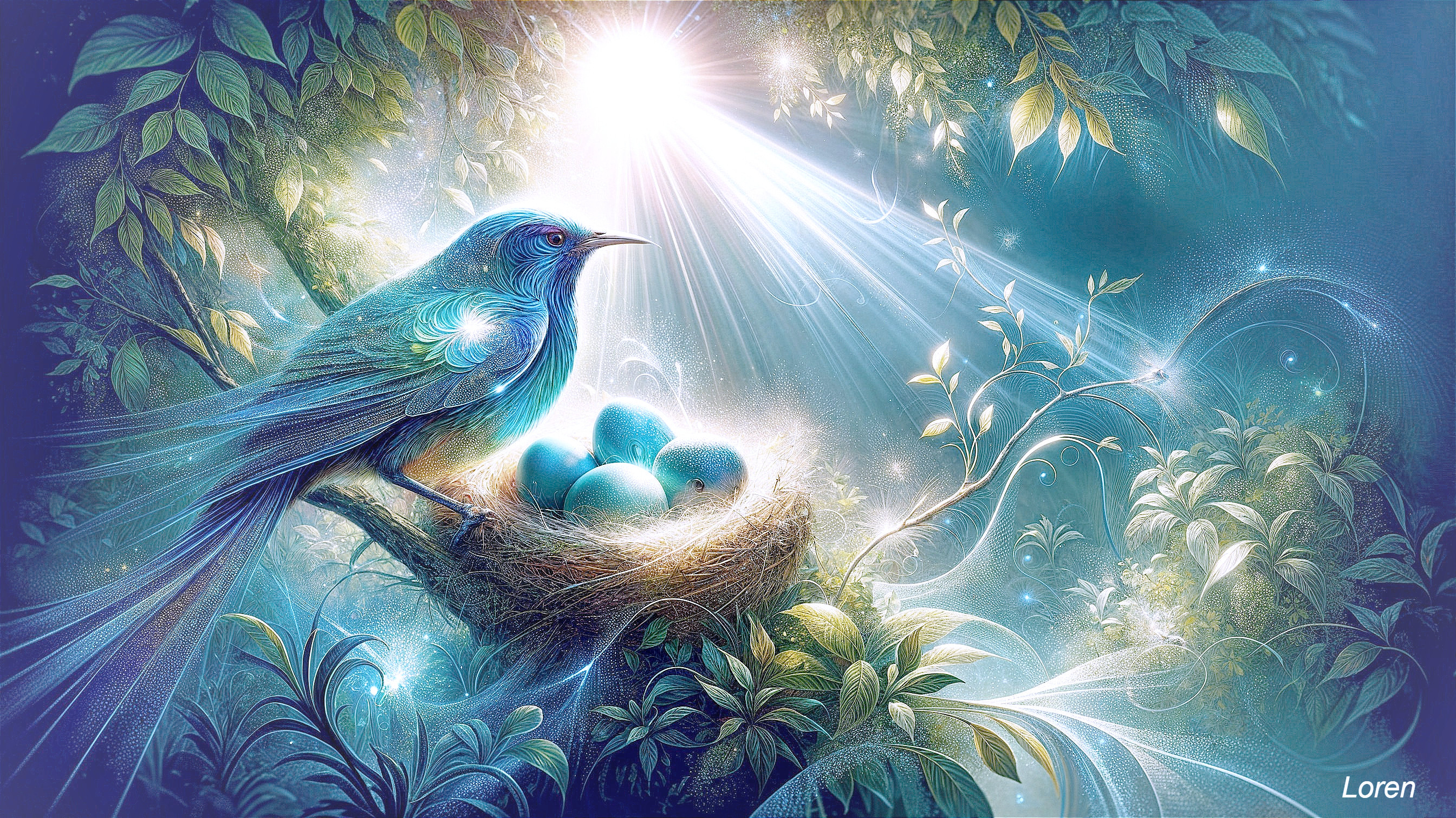 Blue Bird with Nest and Eggs in Sunlit Foliage