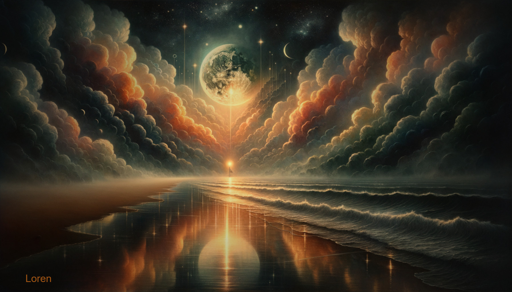 Twilight Beach Scene with Moonlit Sky and Waves