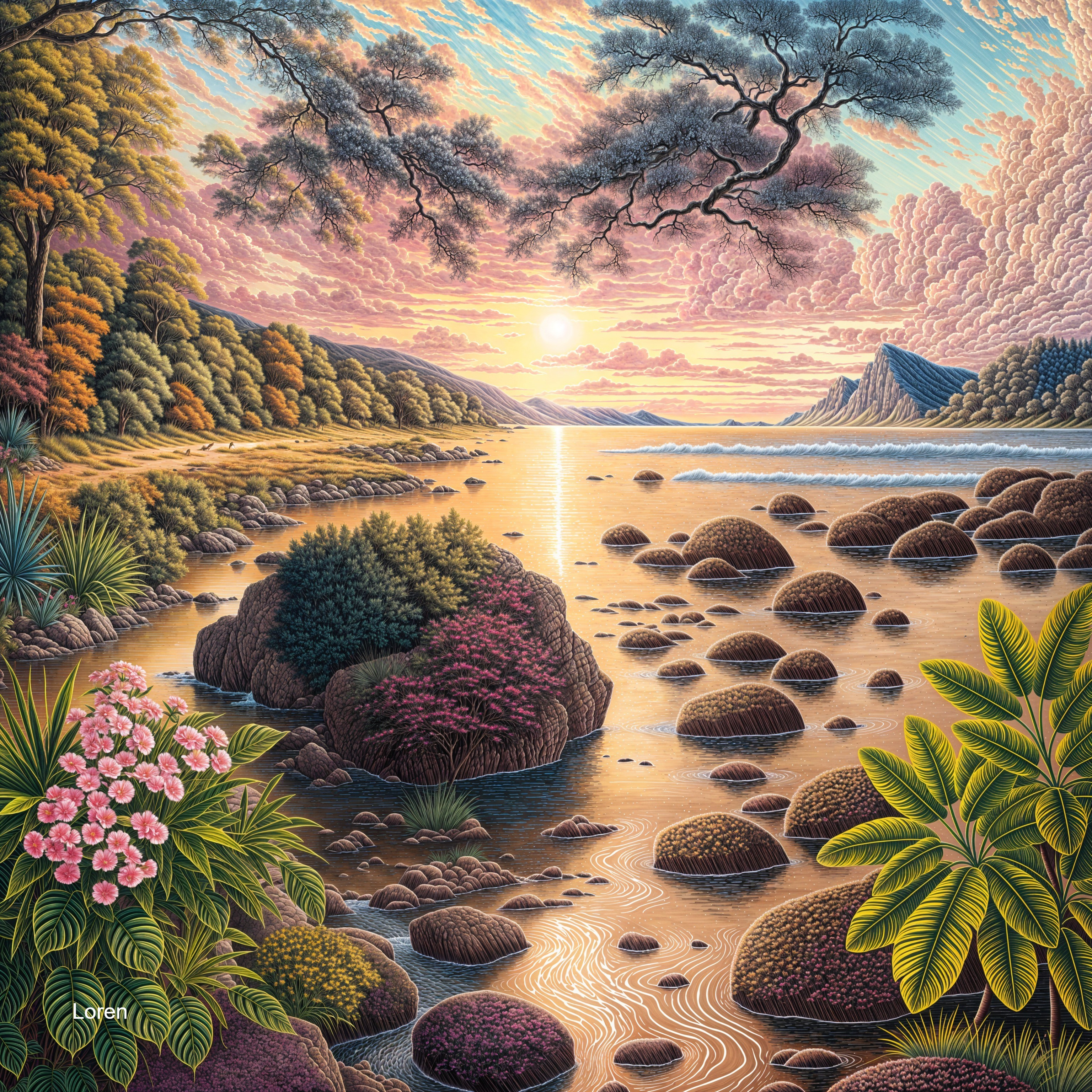 Serene Landscape at Sunset with Tranquil Shoreline