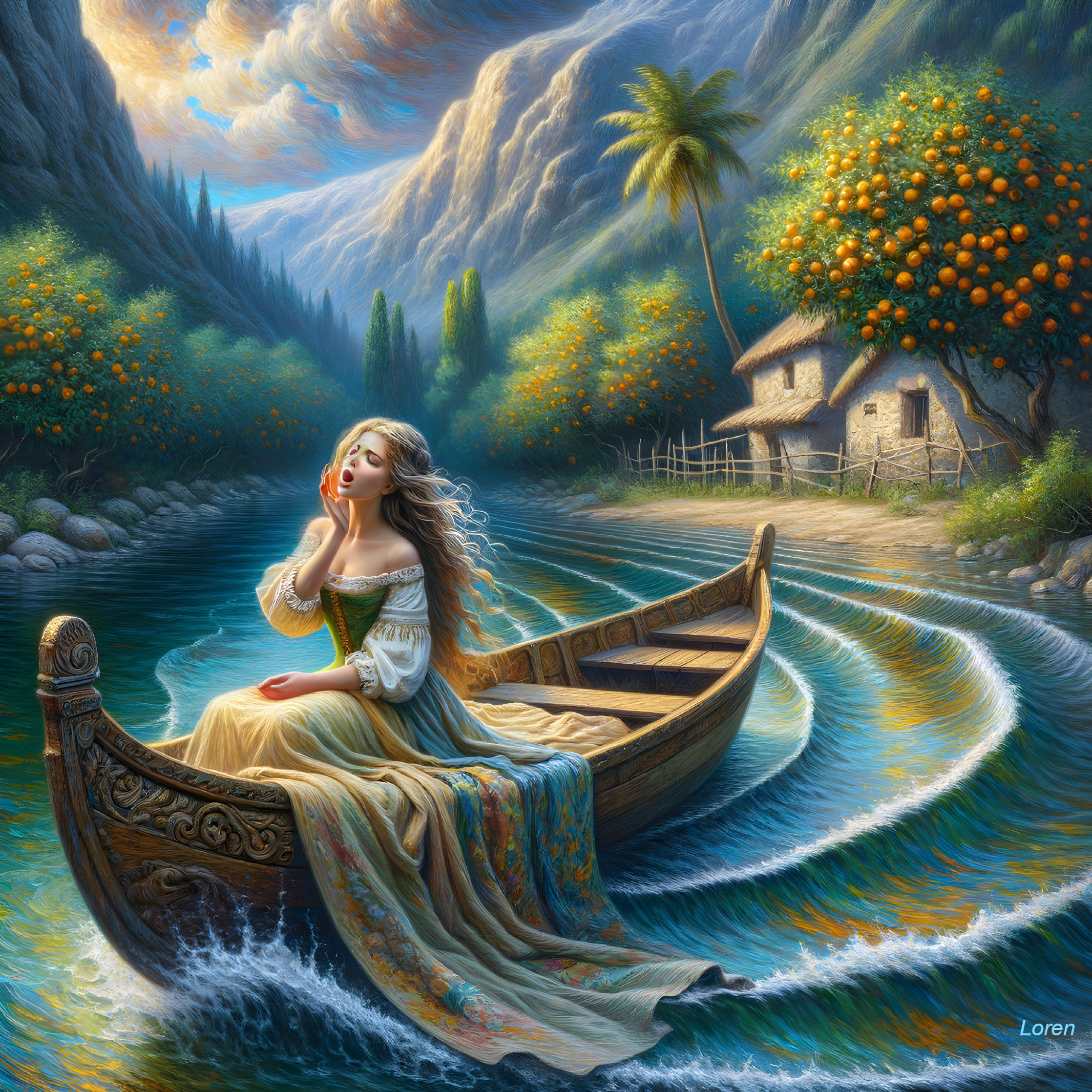 Serene Landscape with Woman in Wooden Boat on River