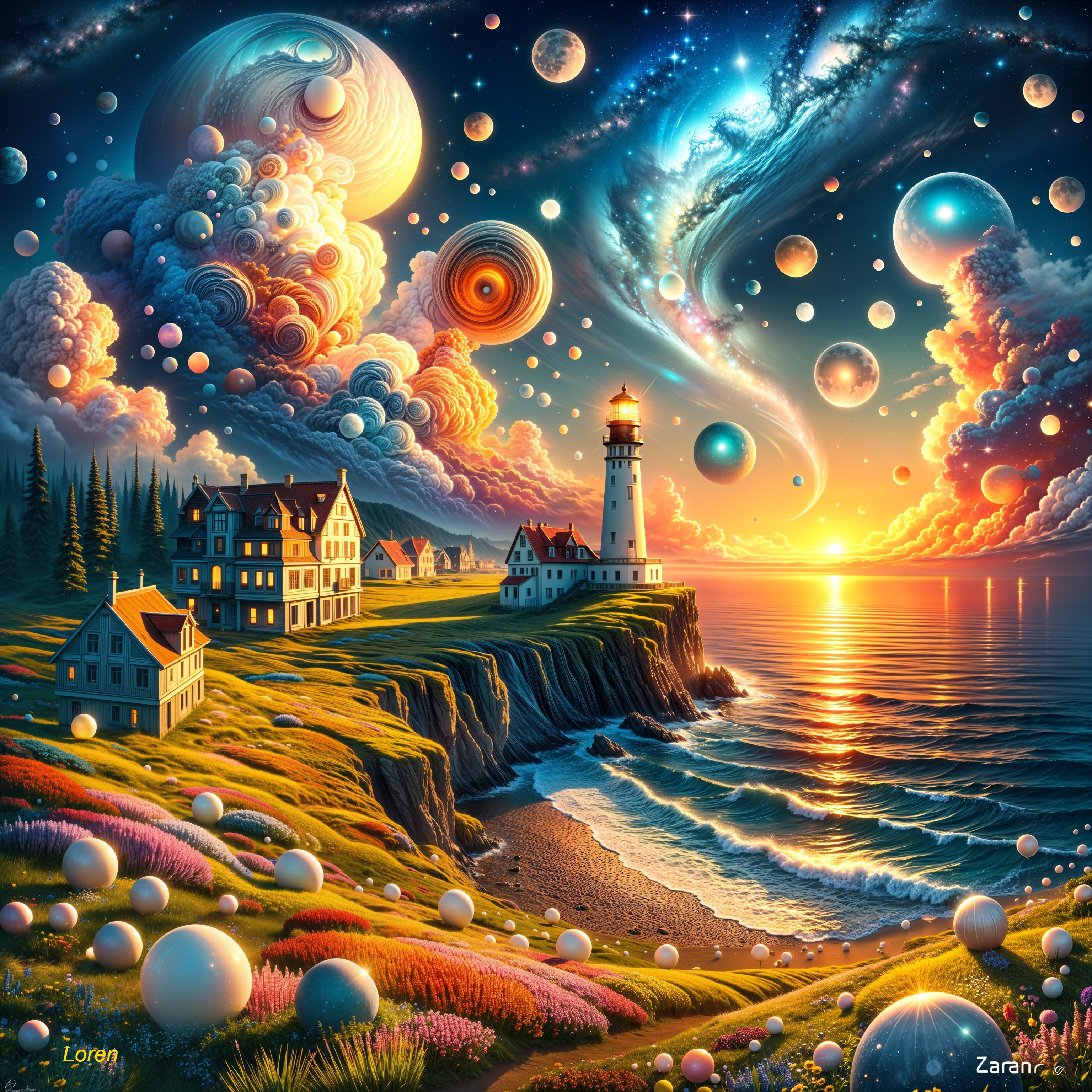 Surreal Coastal Landscape with Lighthouse and Galaxies