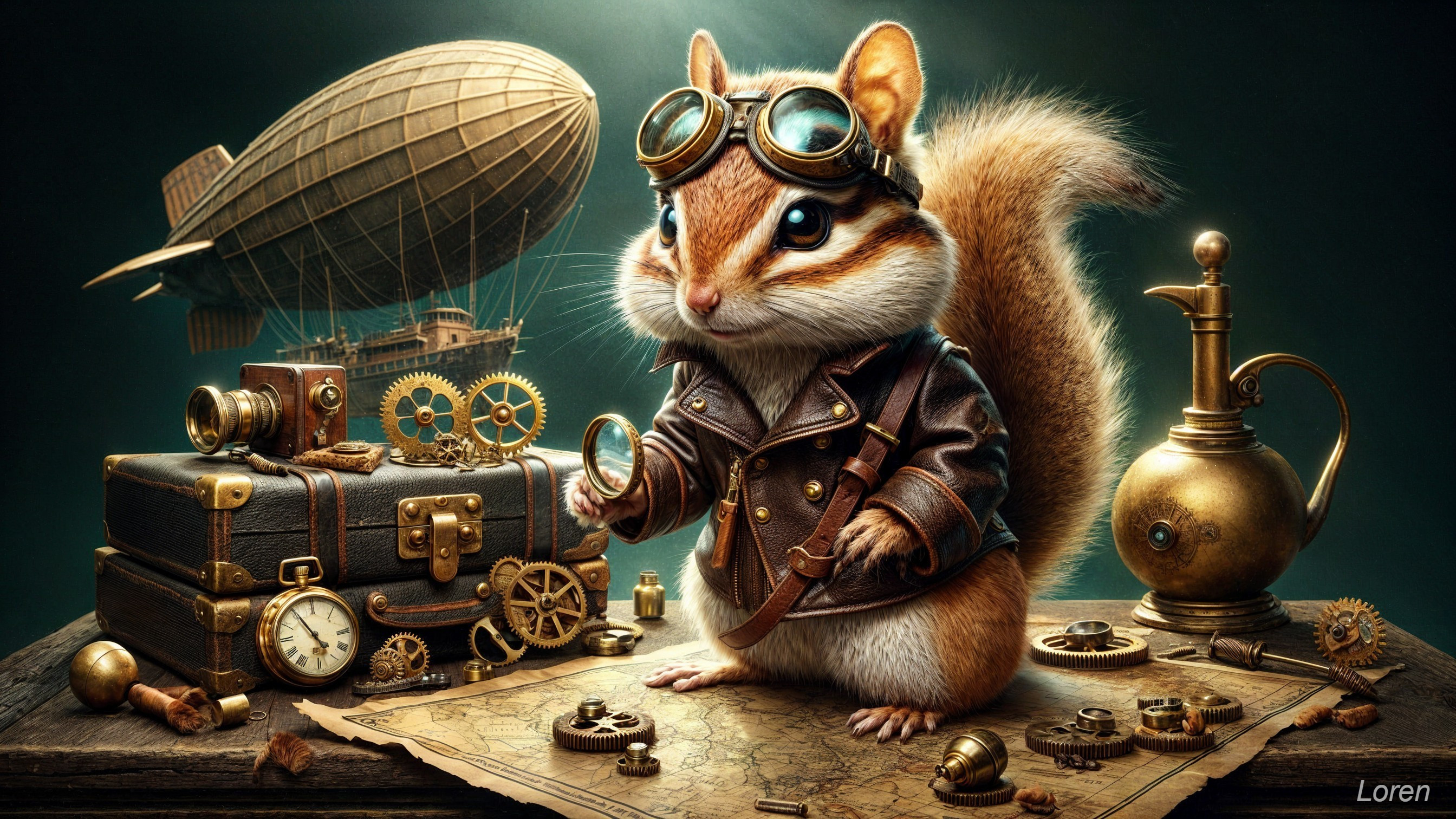 Anthropomorphic squirrel in steampunk setting with gadgets