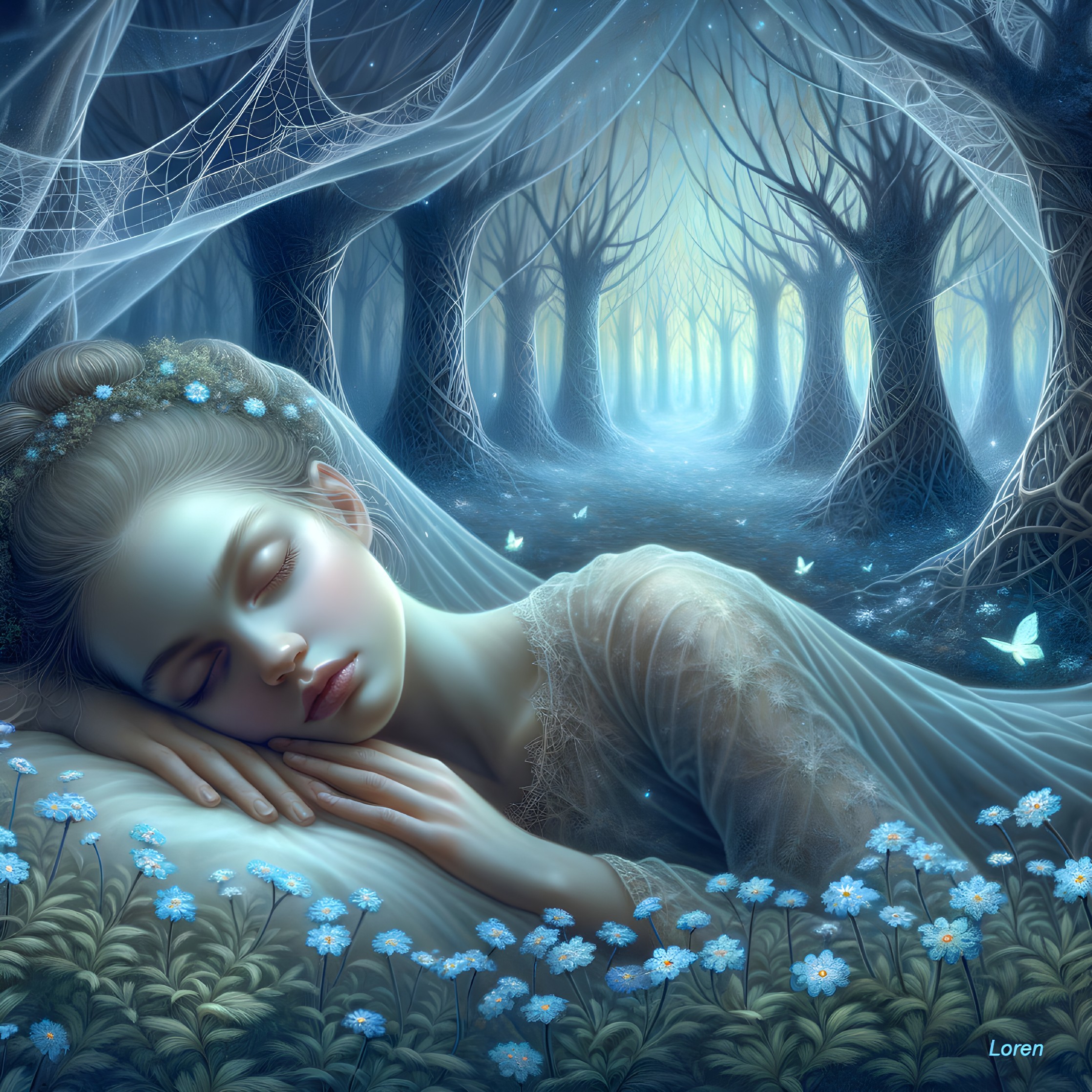 Serene Young Woman Sleeping in Mystical Forest