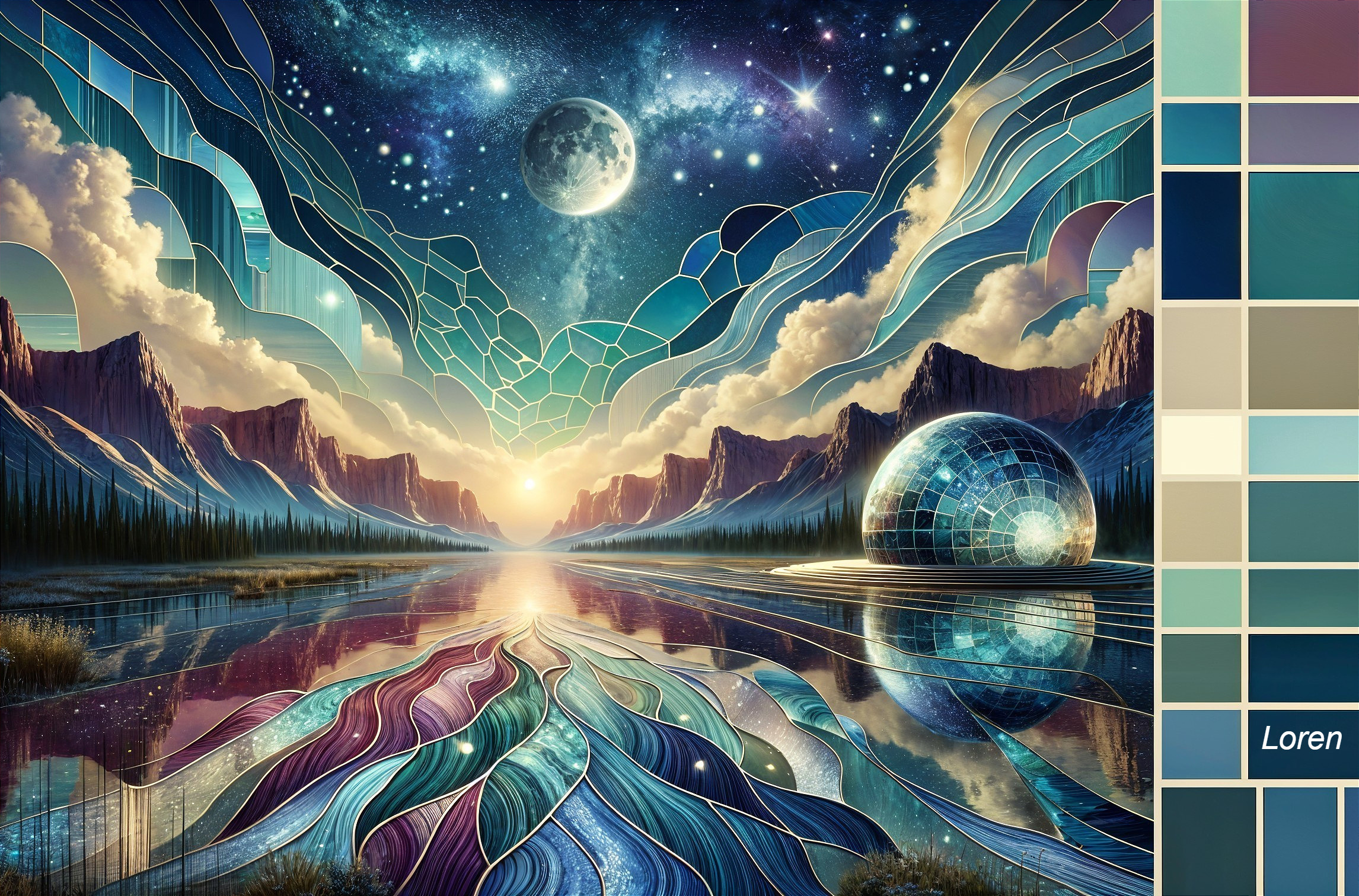 Surreal Landscape with Lake and Cosmic Sky Reflection