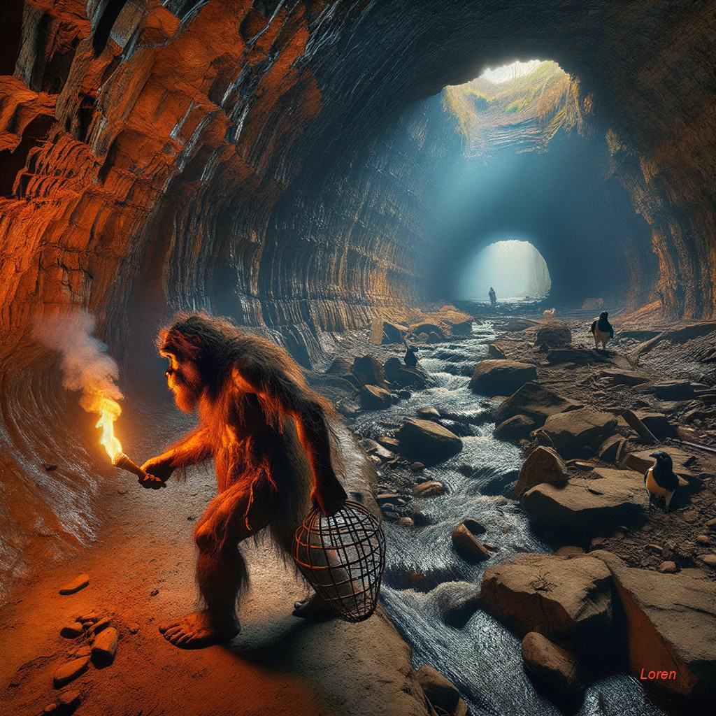 Prehistoric Figure in Dramatic Cave Setting with Torch