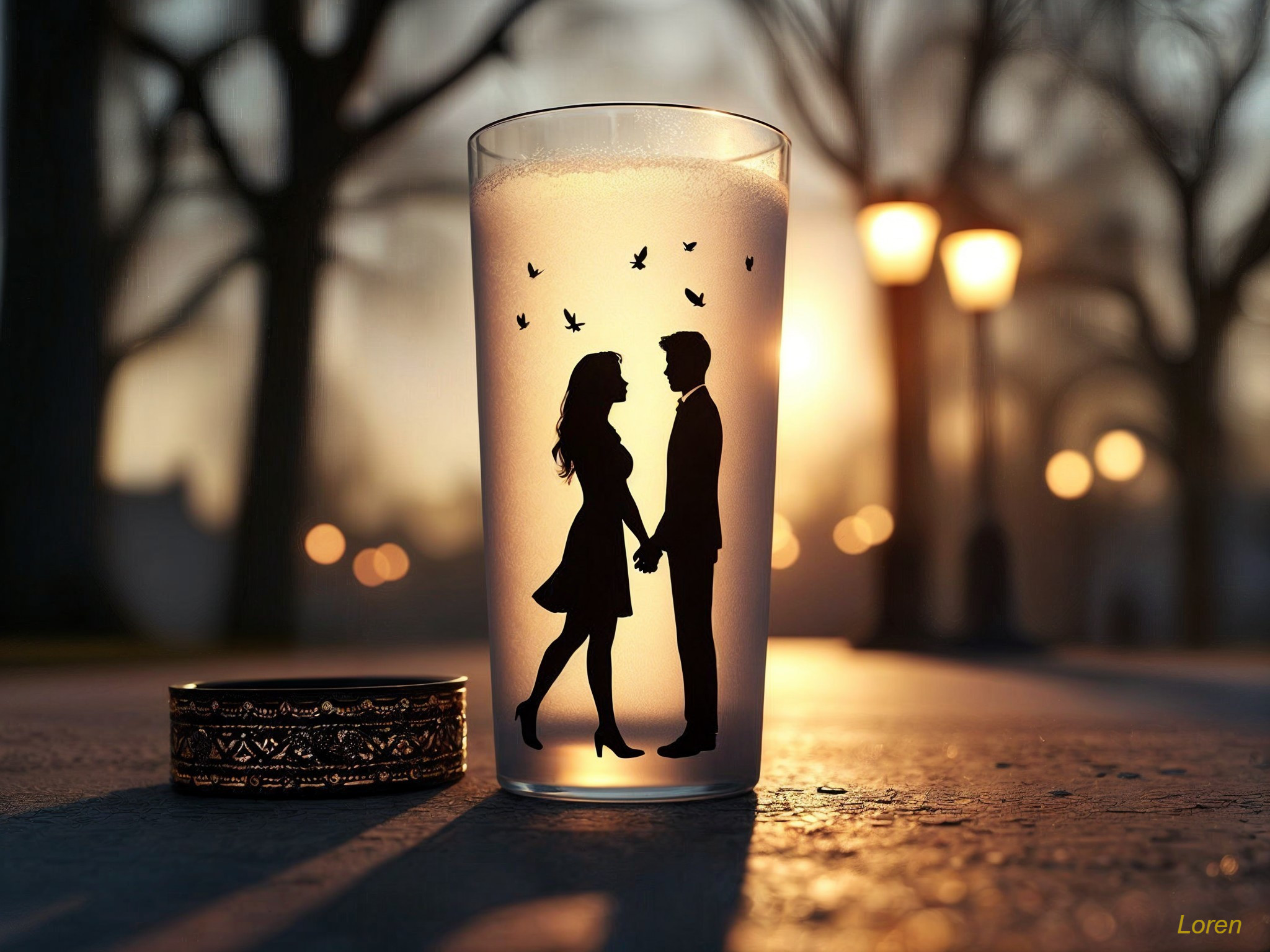 Glass with Glowing Beverage and Romantic Silhouette