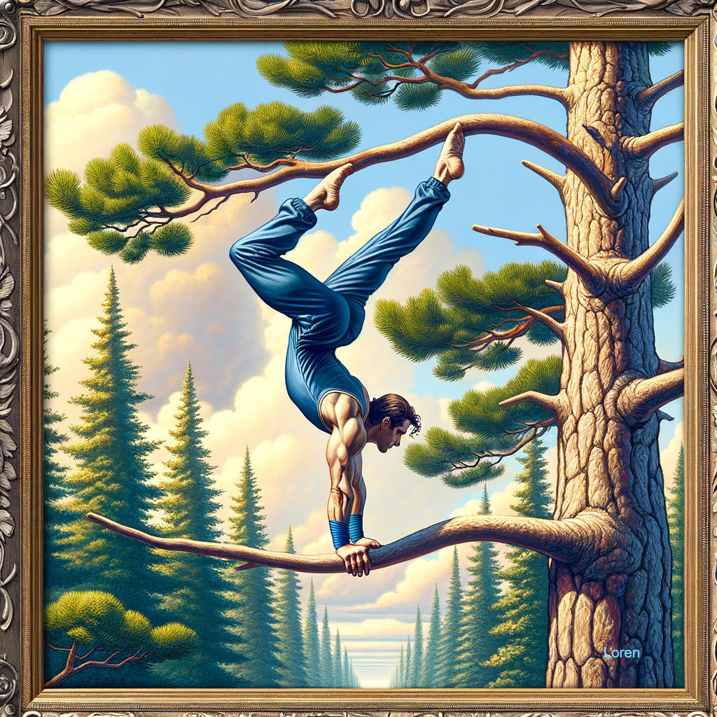 Muscular Athlete Handstand on Tree Branch in Nature