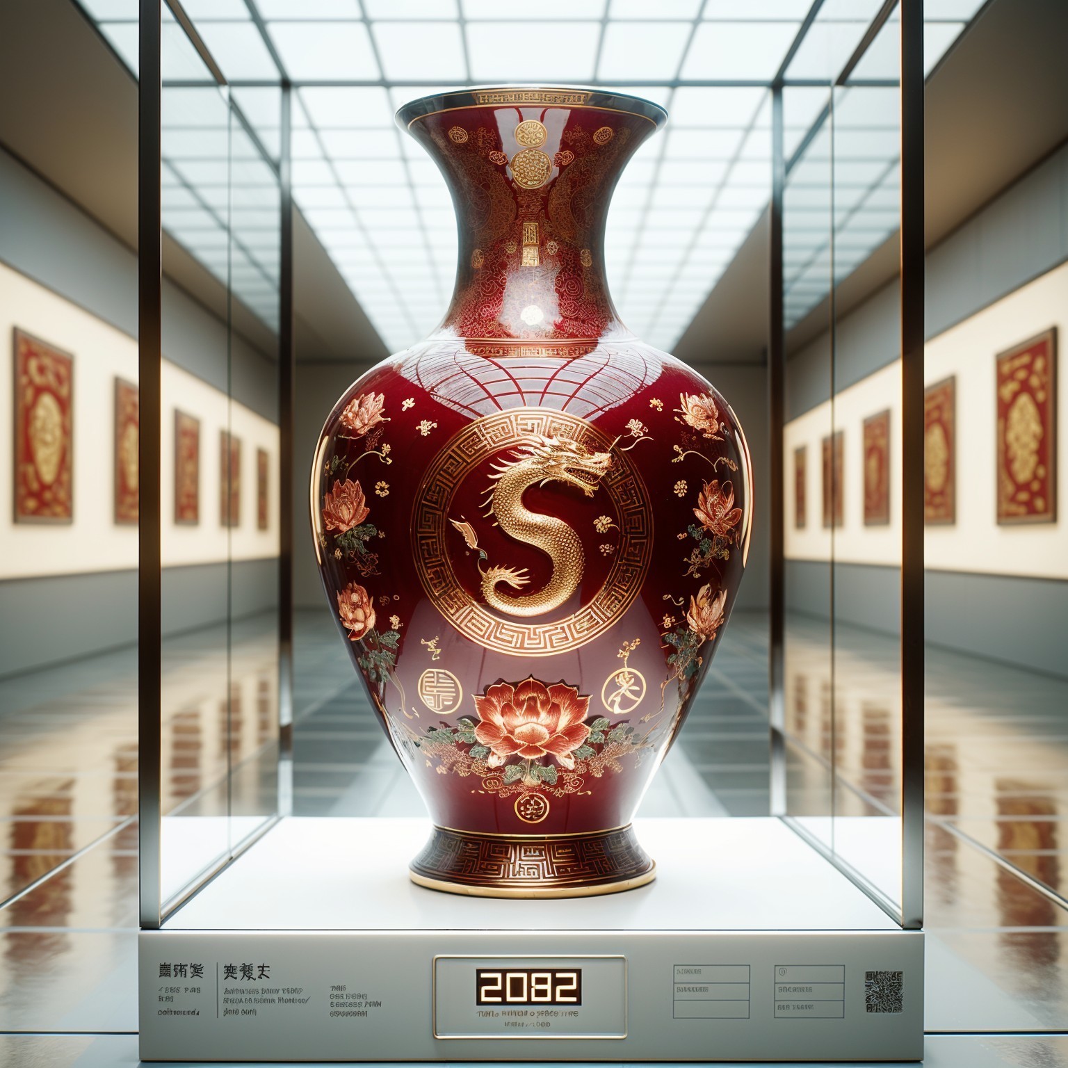 Elegant red vase with gold dragon design in gallery