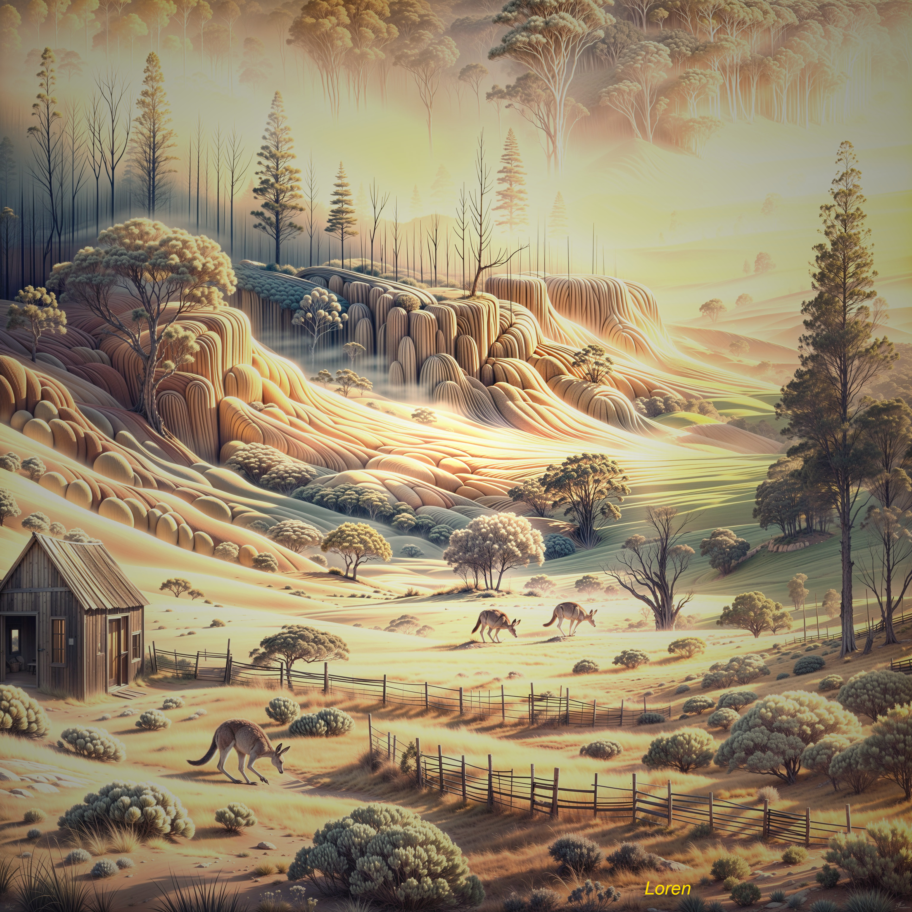 Tranquil Landscape with Hills, House, and Kangaroos