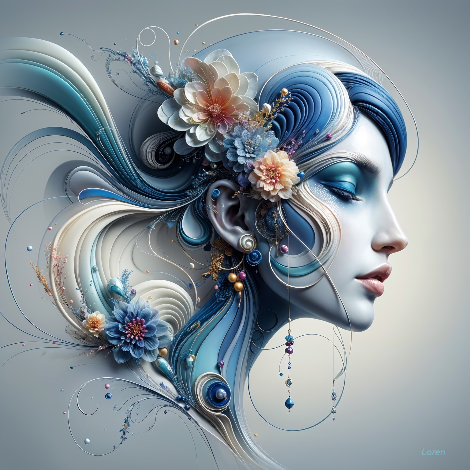 Ethereal Portrait of a Woman with Floral Blue Hair