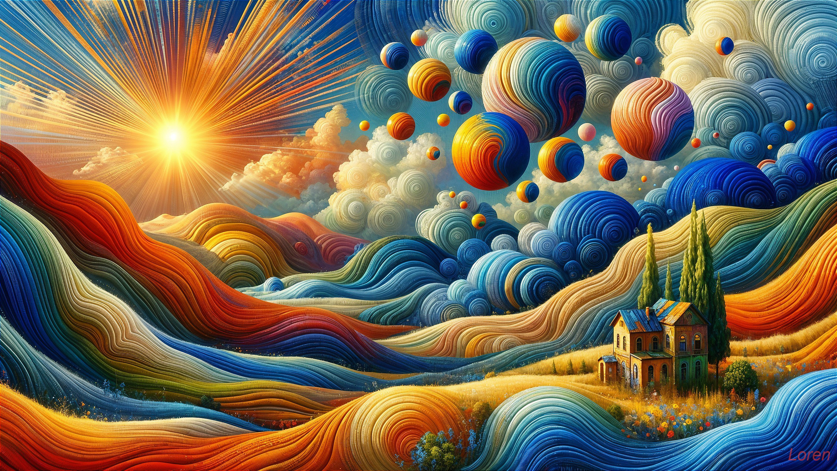 Vibrant Surreal Landscape with Colorful House and Orbs