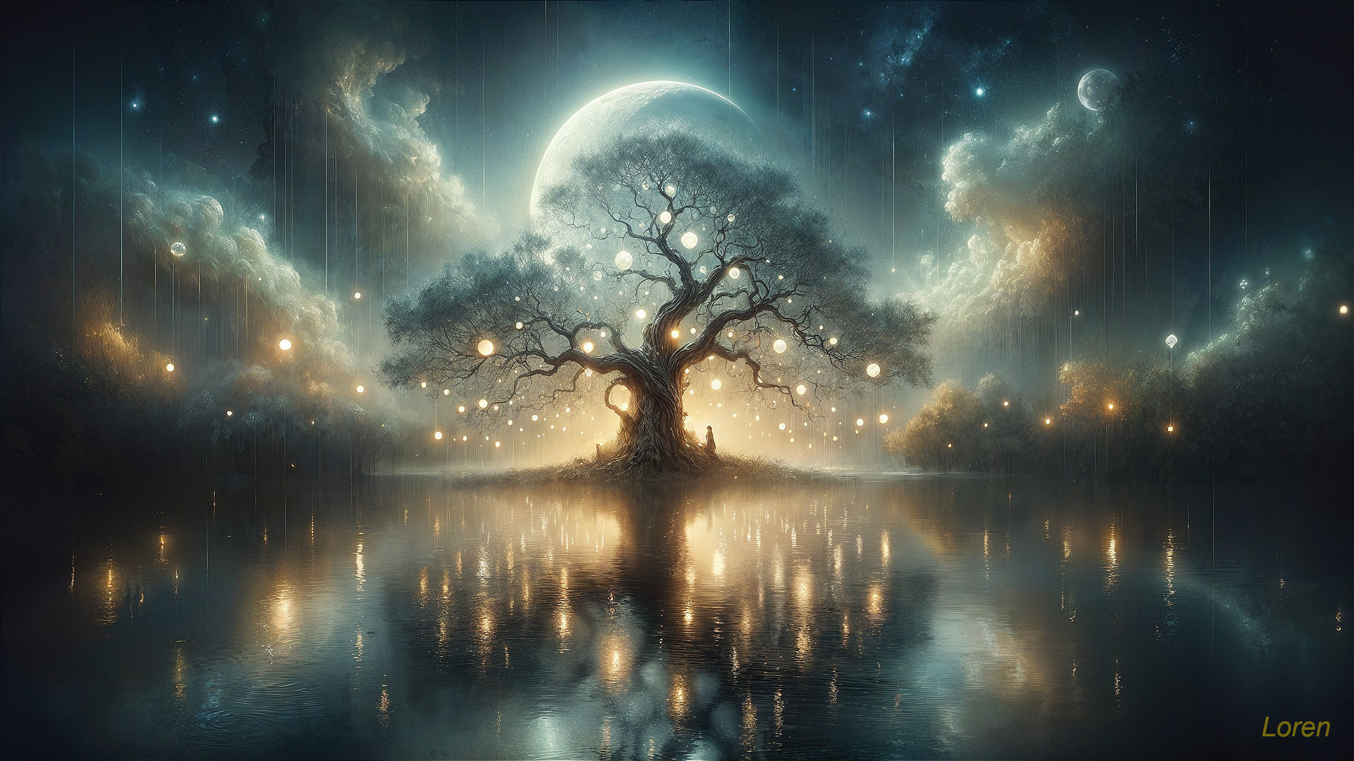 Majestic tree at serene lake under starry night sky