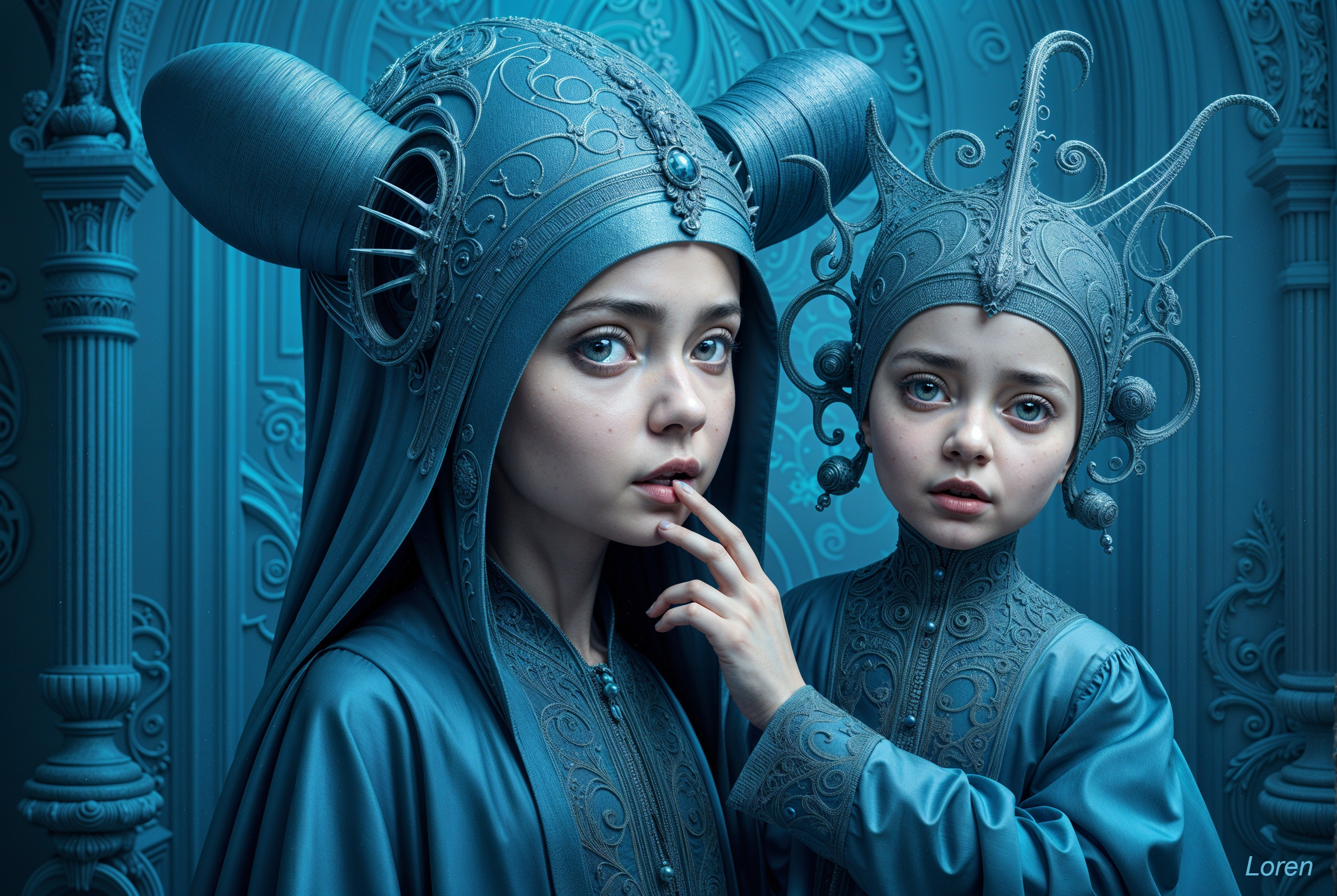 Young girls in blue costumes with ornate headpieces