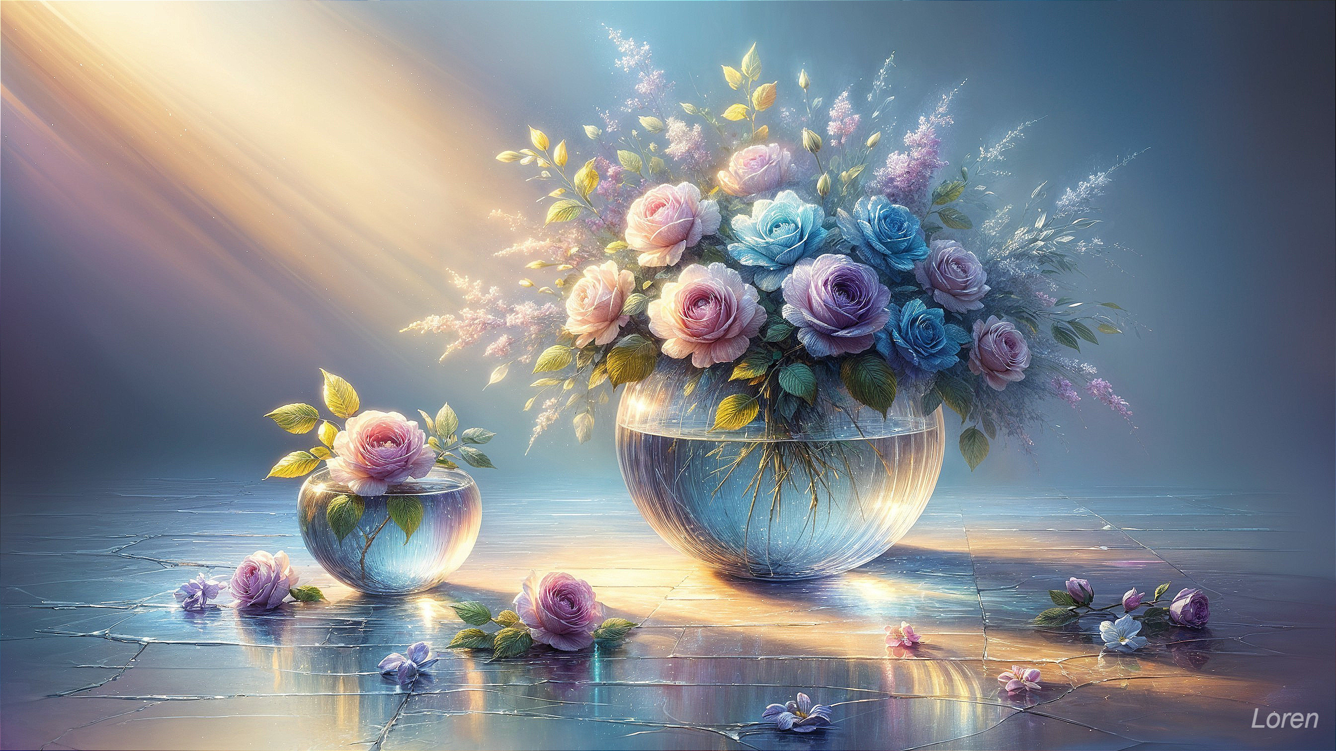 Floral Arrangement with Pink and Blue Roses in Vases