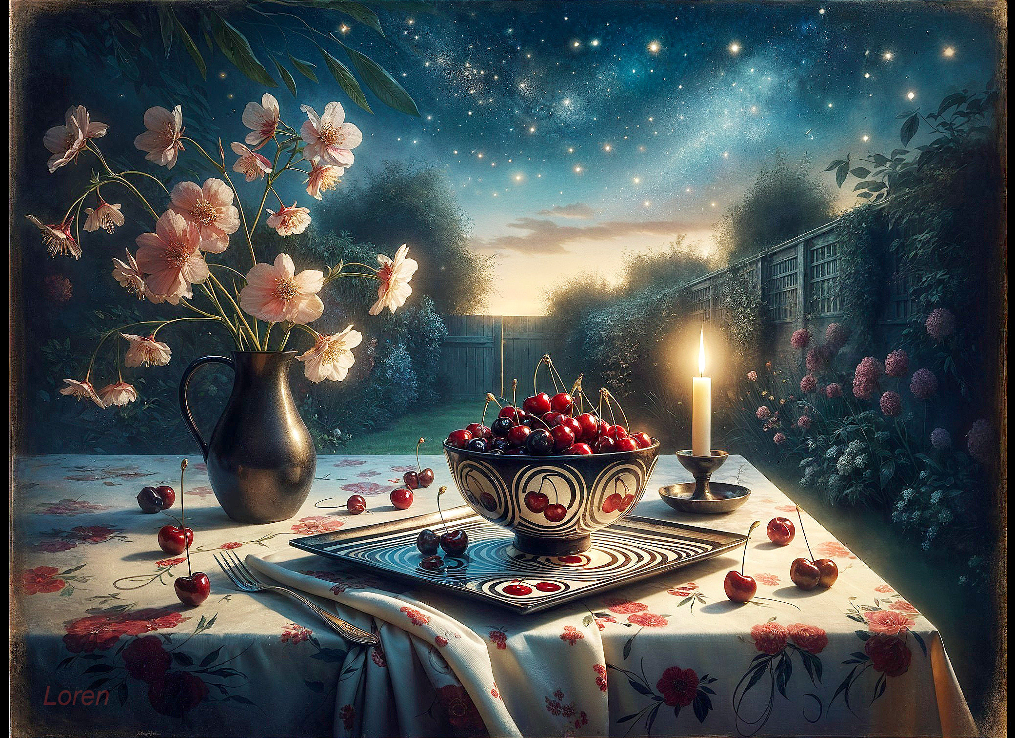 Serene Nighttime Garden Table with Flowers and Cherries