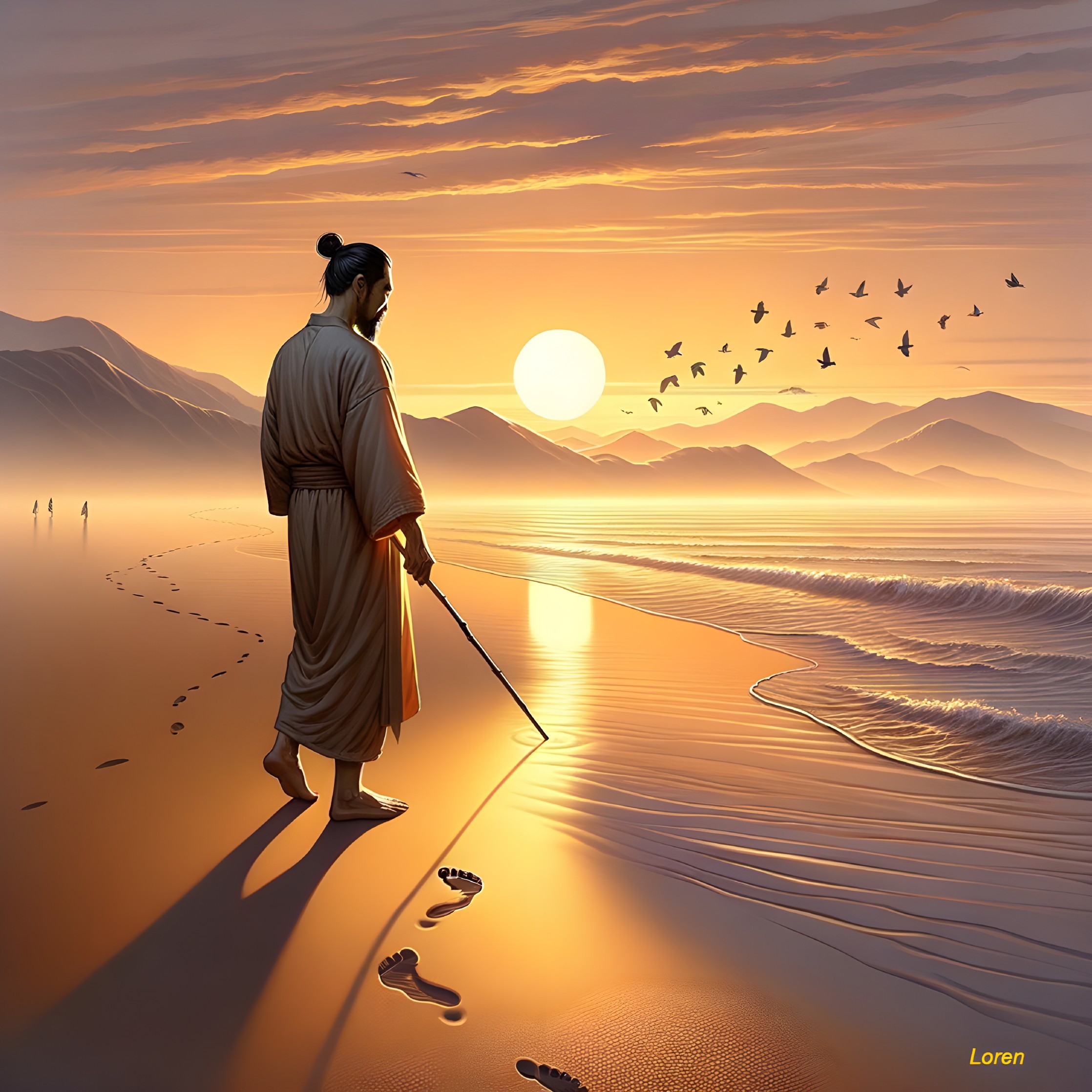 Serene Sunset Over Tranquil Beach with Figure