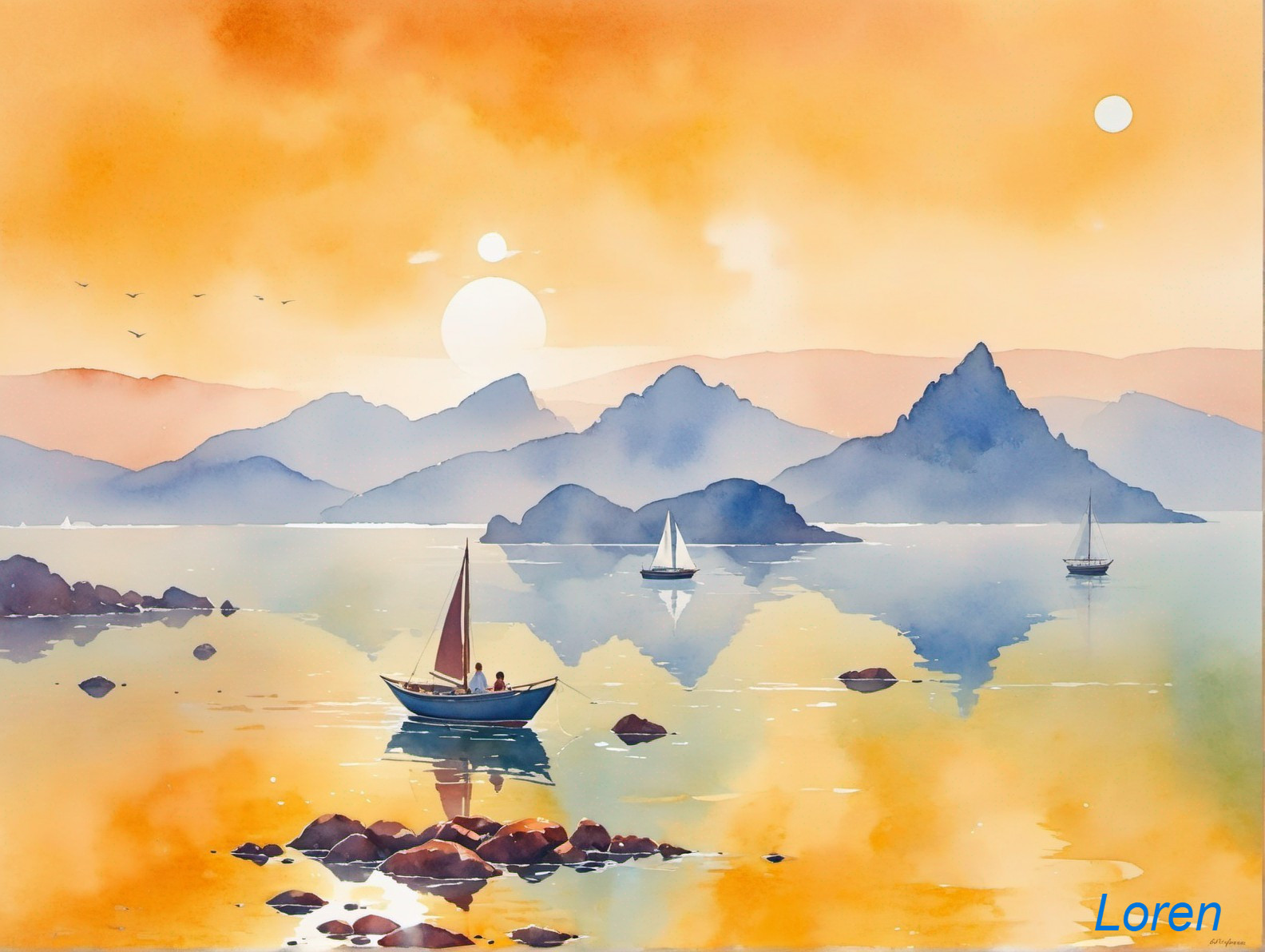 Watercolor Landscape of Tranquil Seascape at Sunset