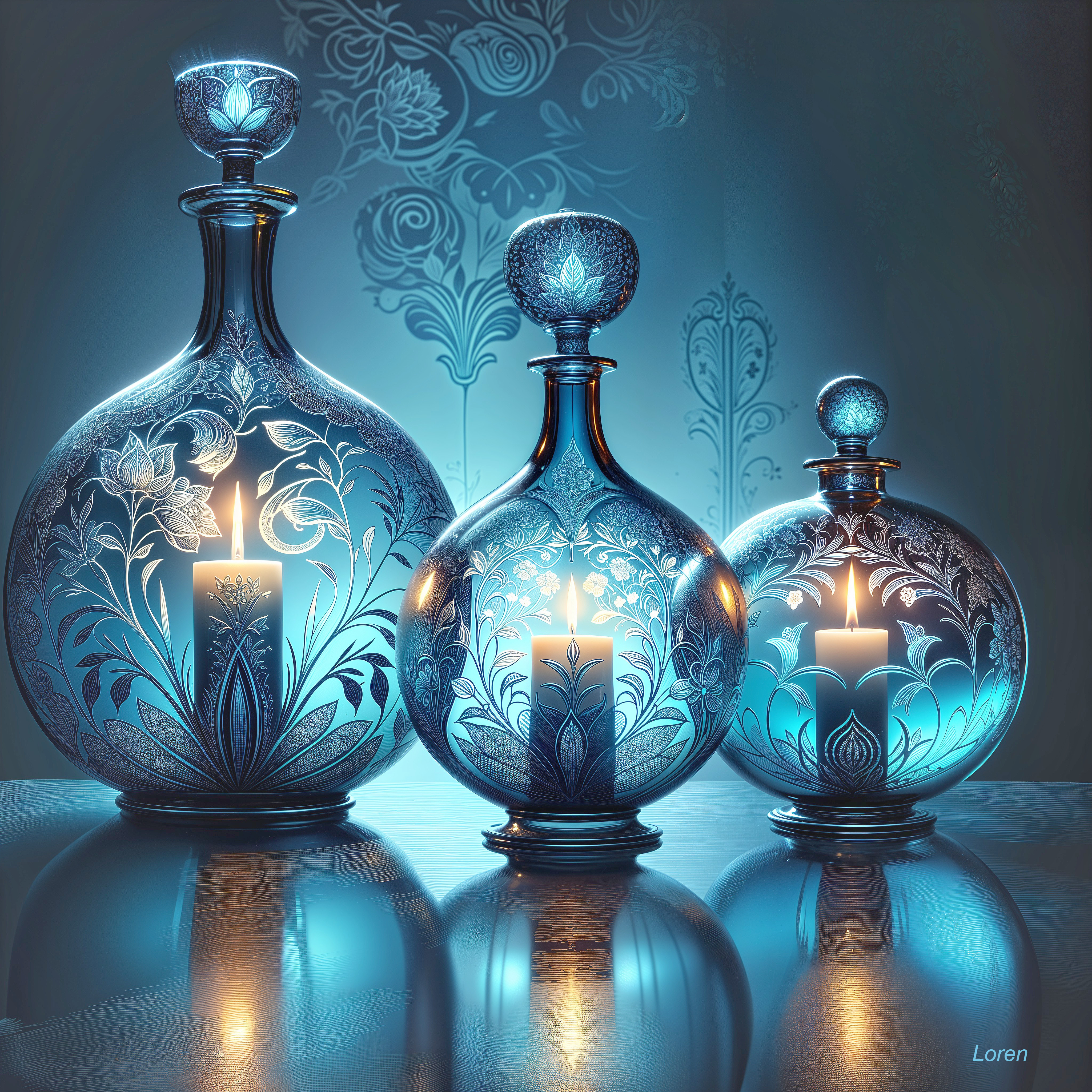 Intricately Designed Glass Bottles with Glowing Candles
