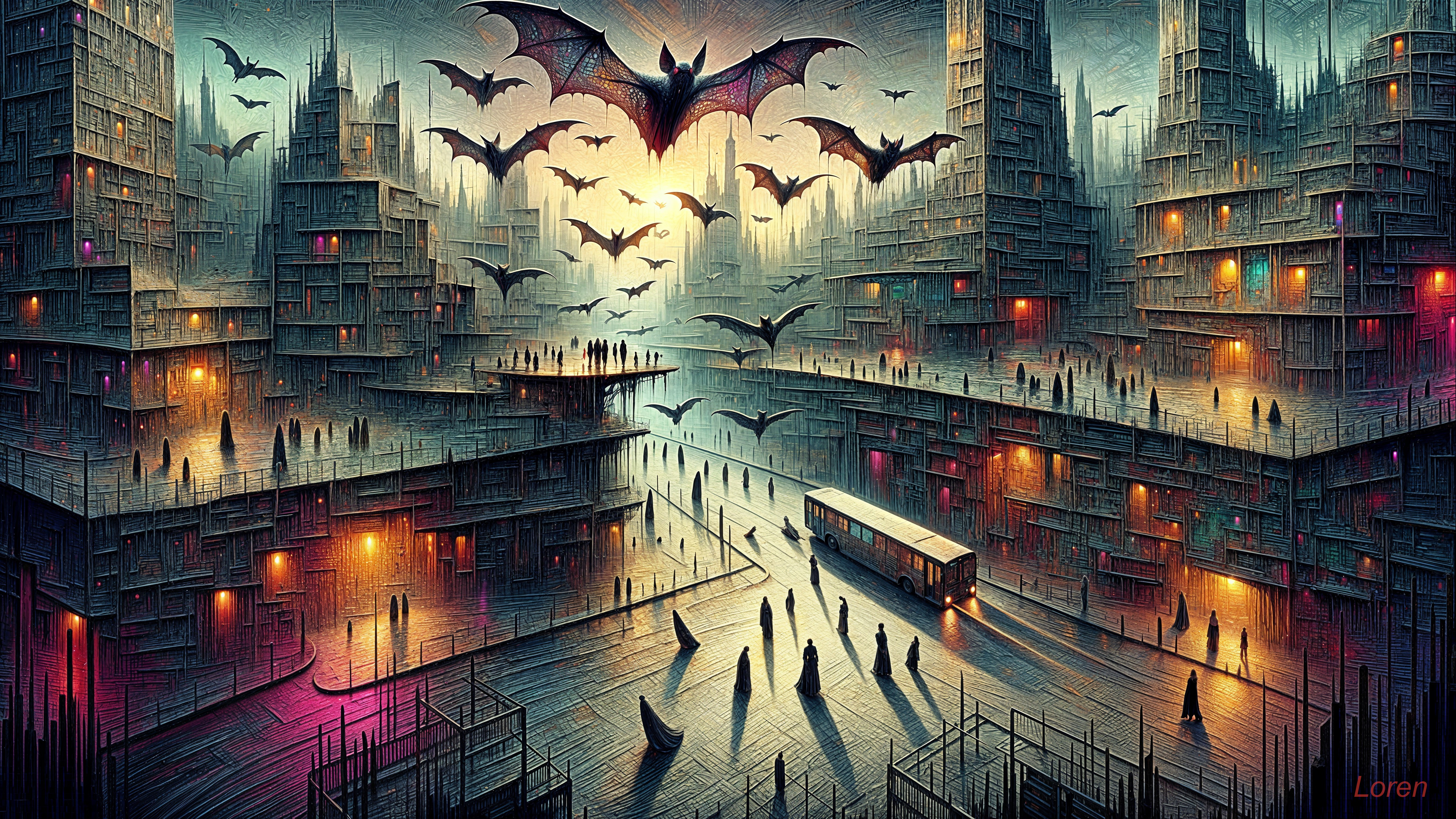 Surreal Twilight Cityscape with Abstract Structures