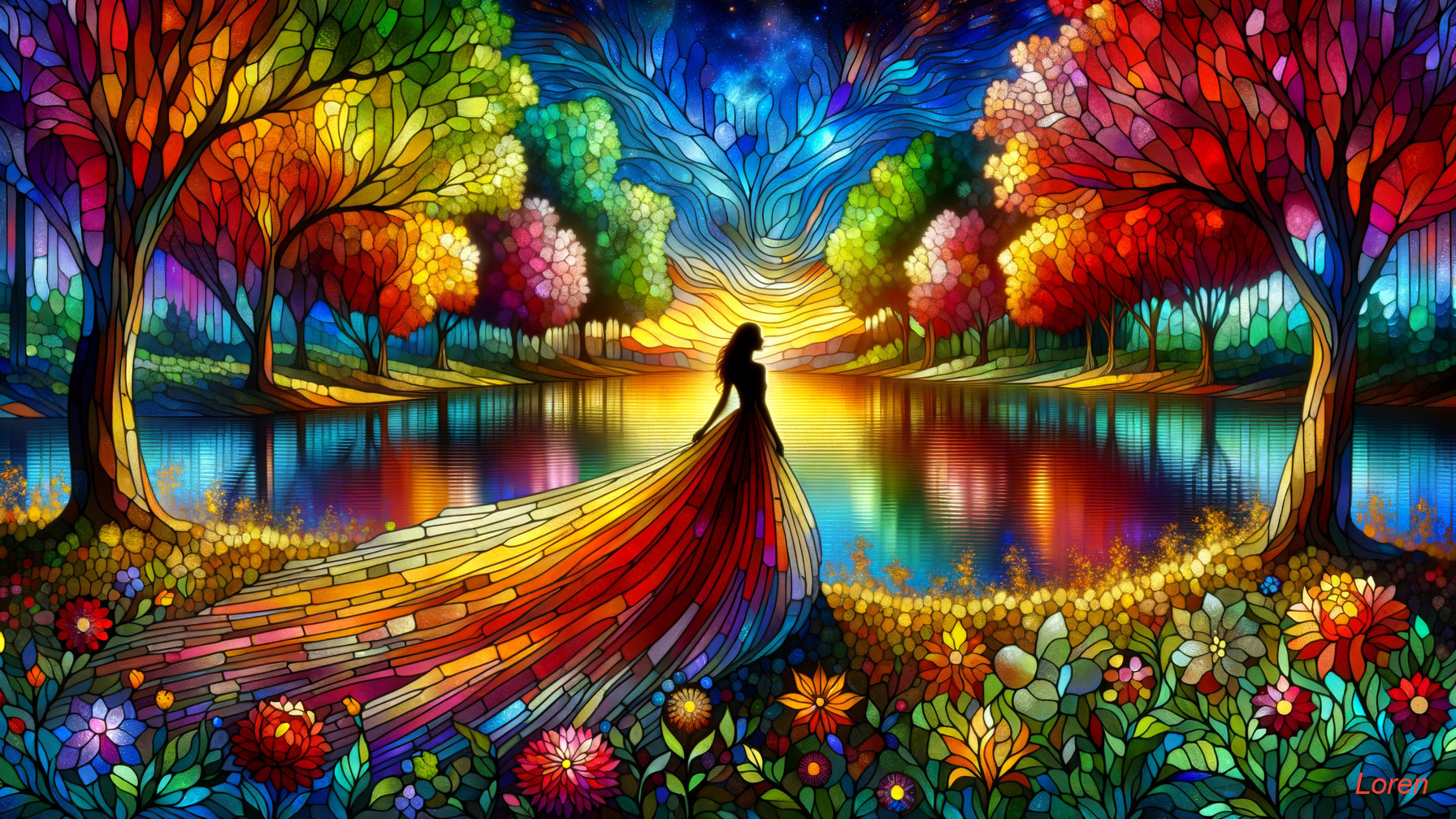 Vibrant Stained Glass Landscape with Silhouette and Lake