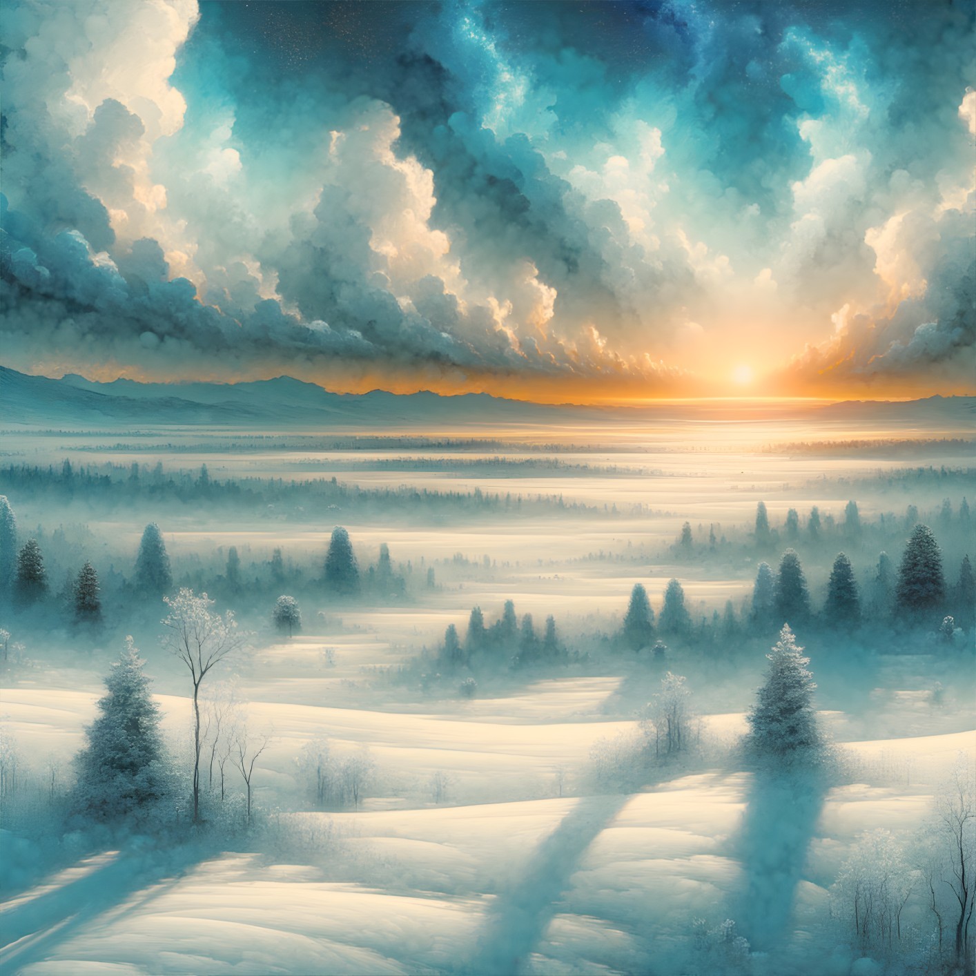 Breathtaking Winter Landscape with Sunrise and Trees