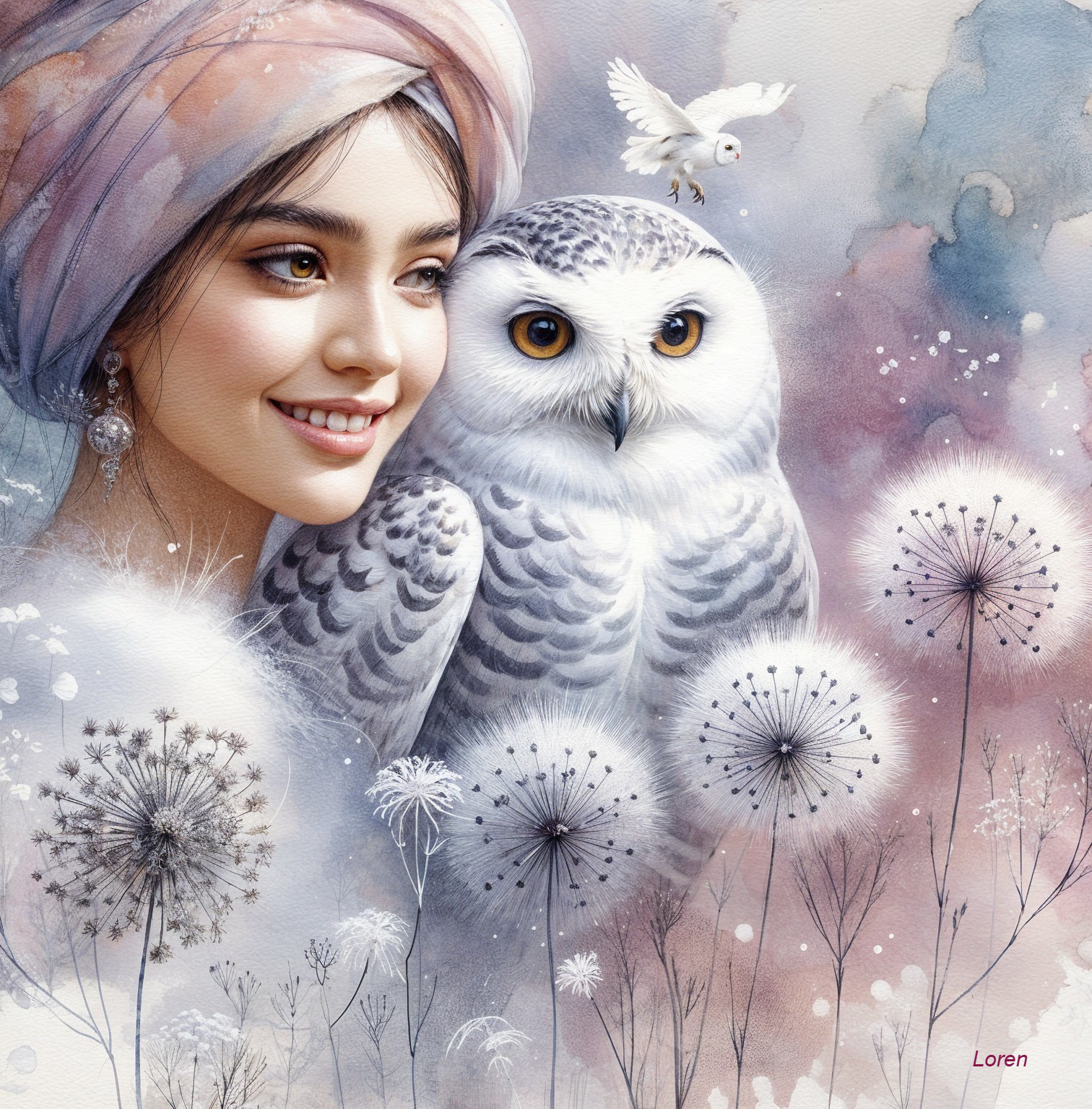 Serene Woman with Snowy Owl and Dandelions in Pastels