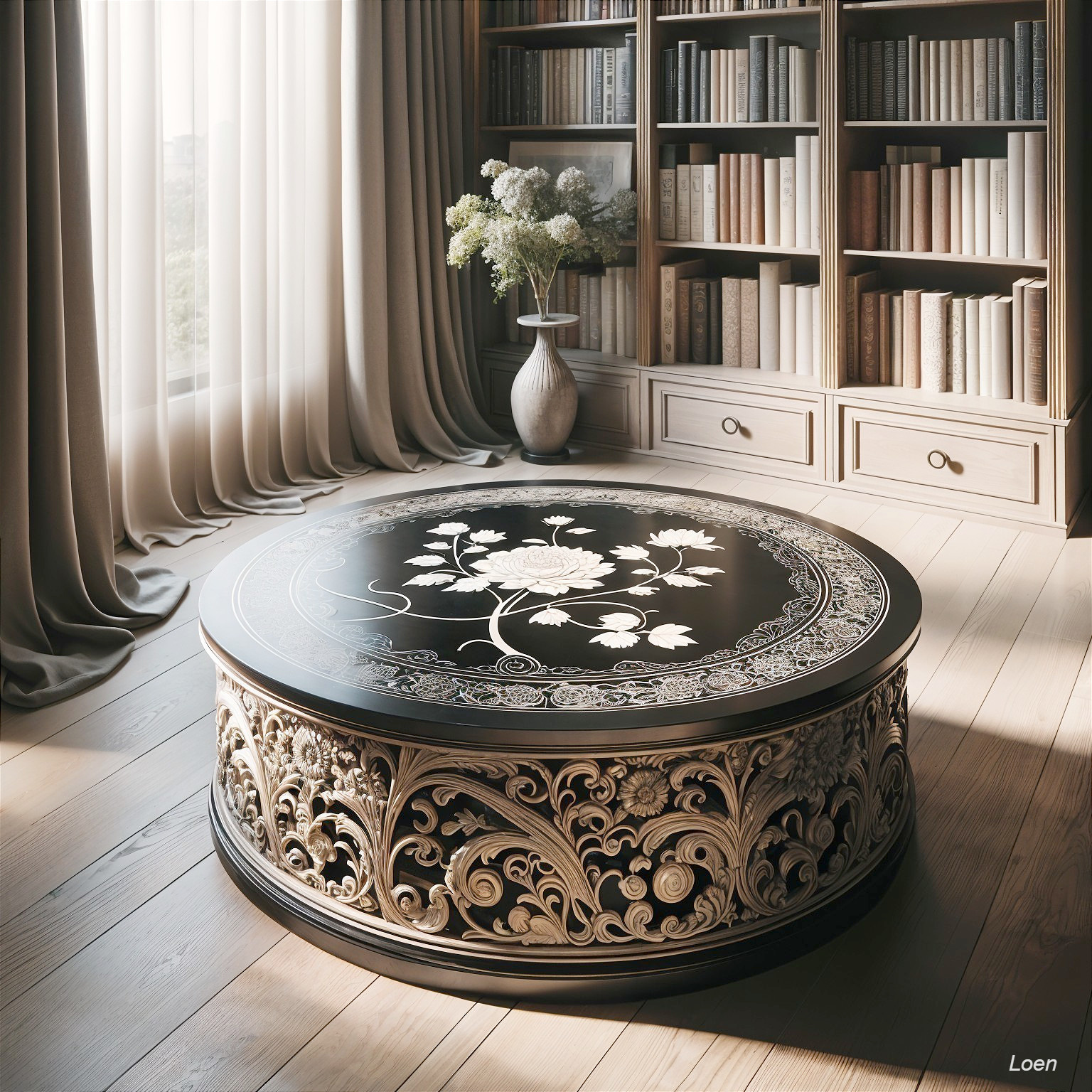 Round coffee table with floral inlays and ornate carvings