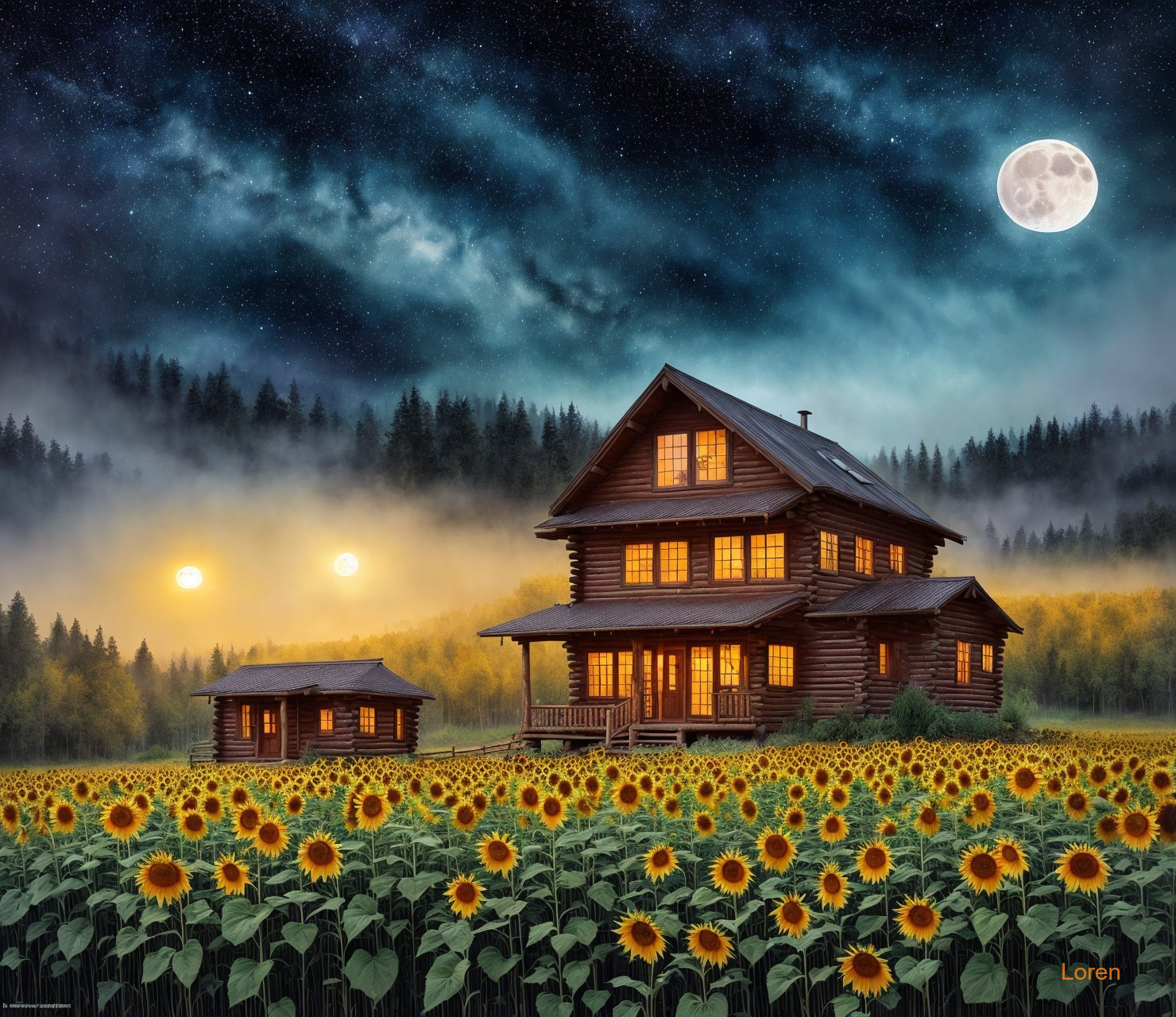 Wooden house in sunflower field under starry night