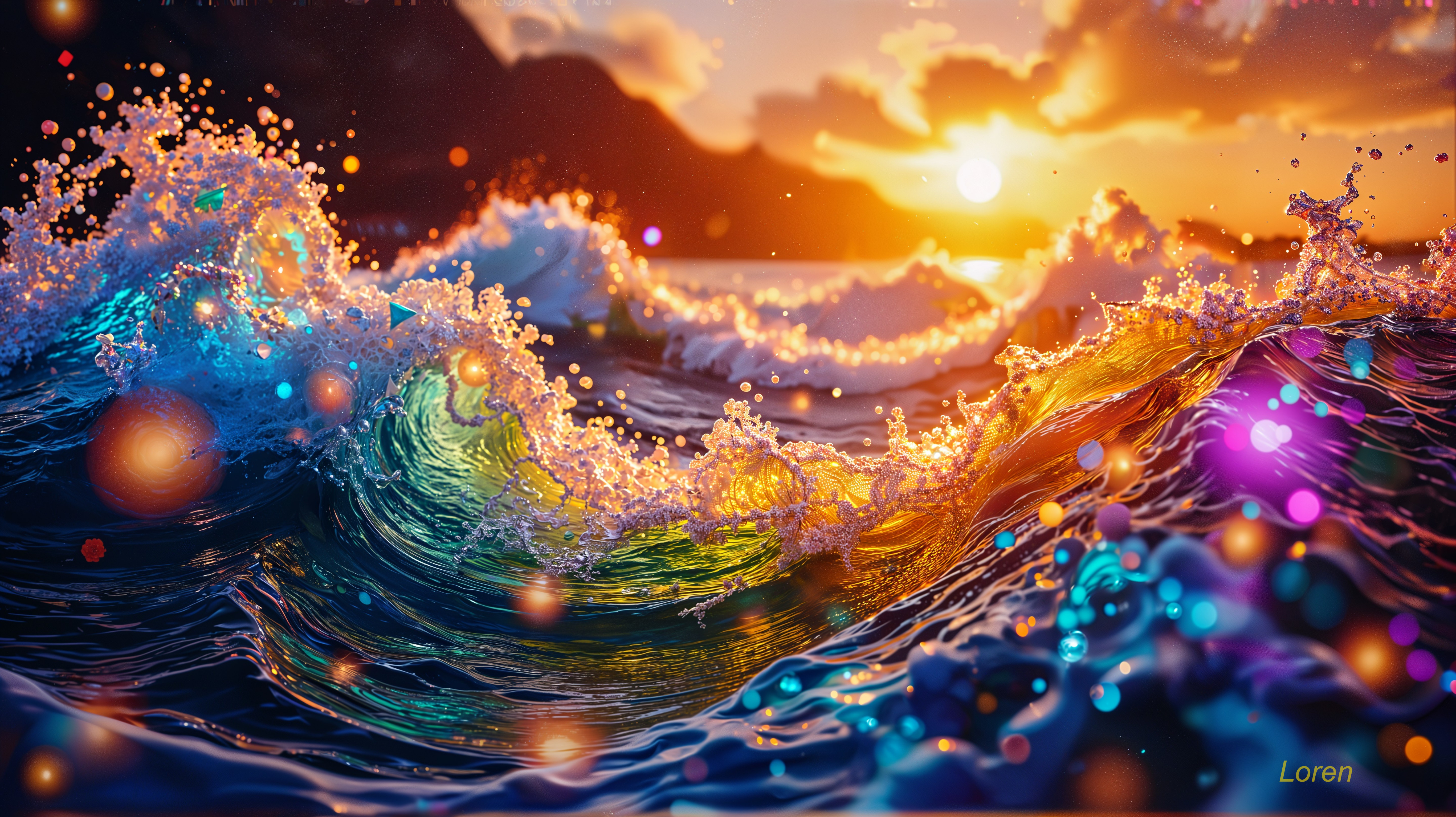 Vibrant Ocean Sunset with Colorful Waves and Clouds