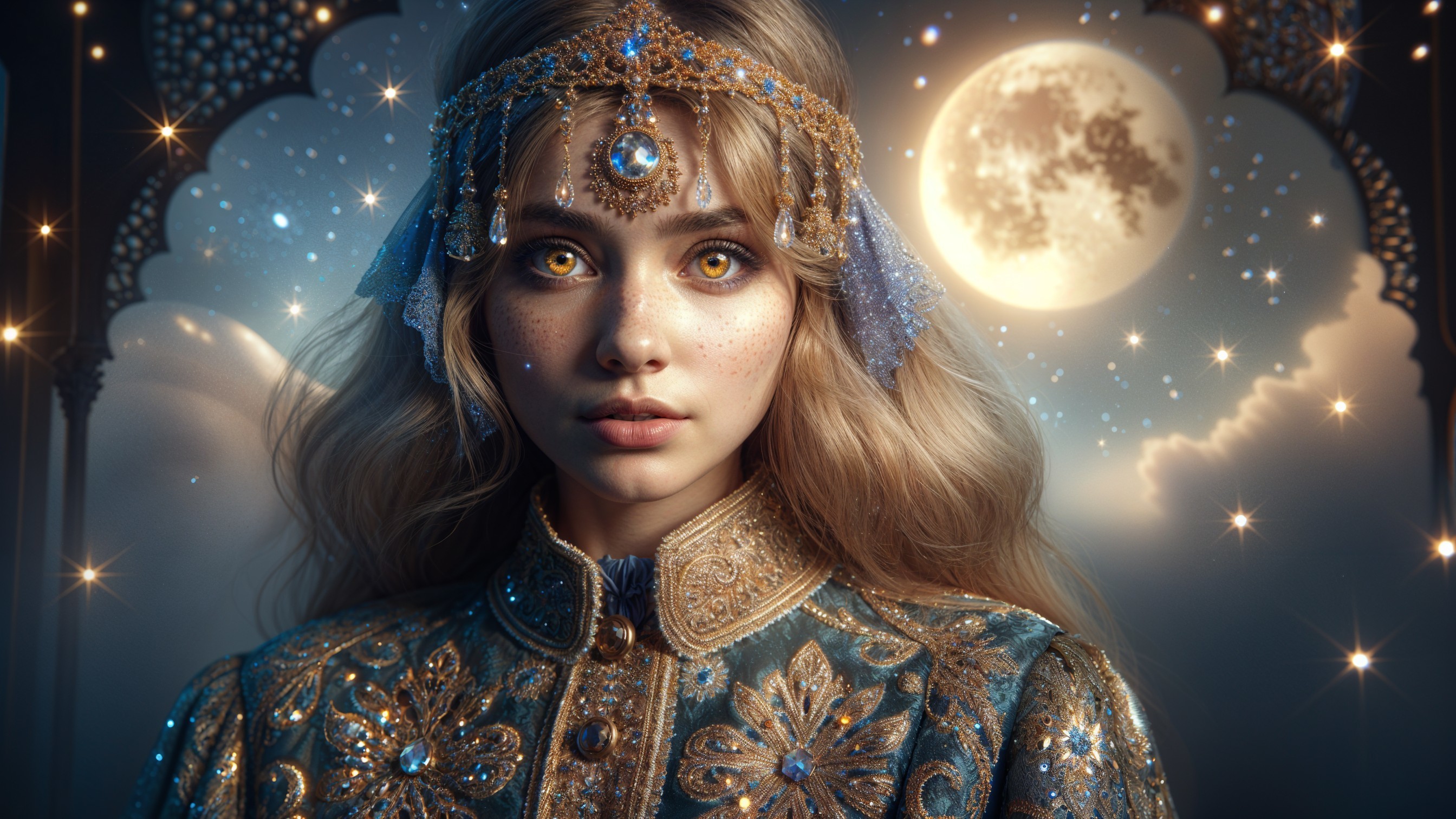 Young Woman with Blonde Hair and Moonlit Background