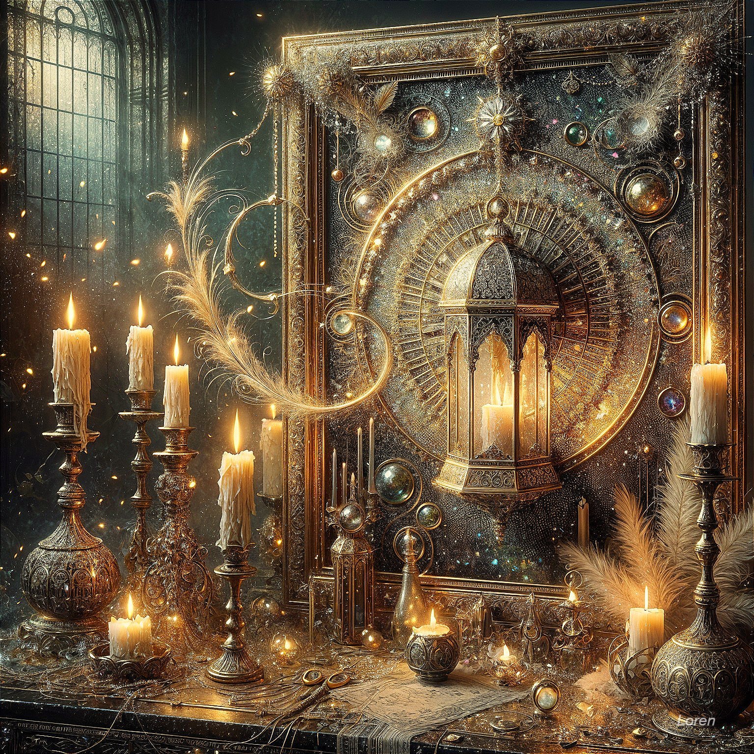 Mystical Setting with Candles and Golden Lantern