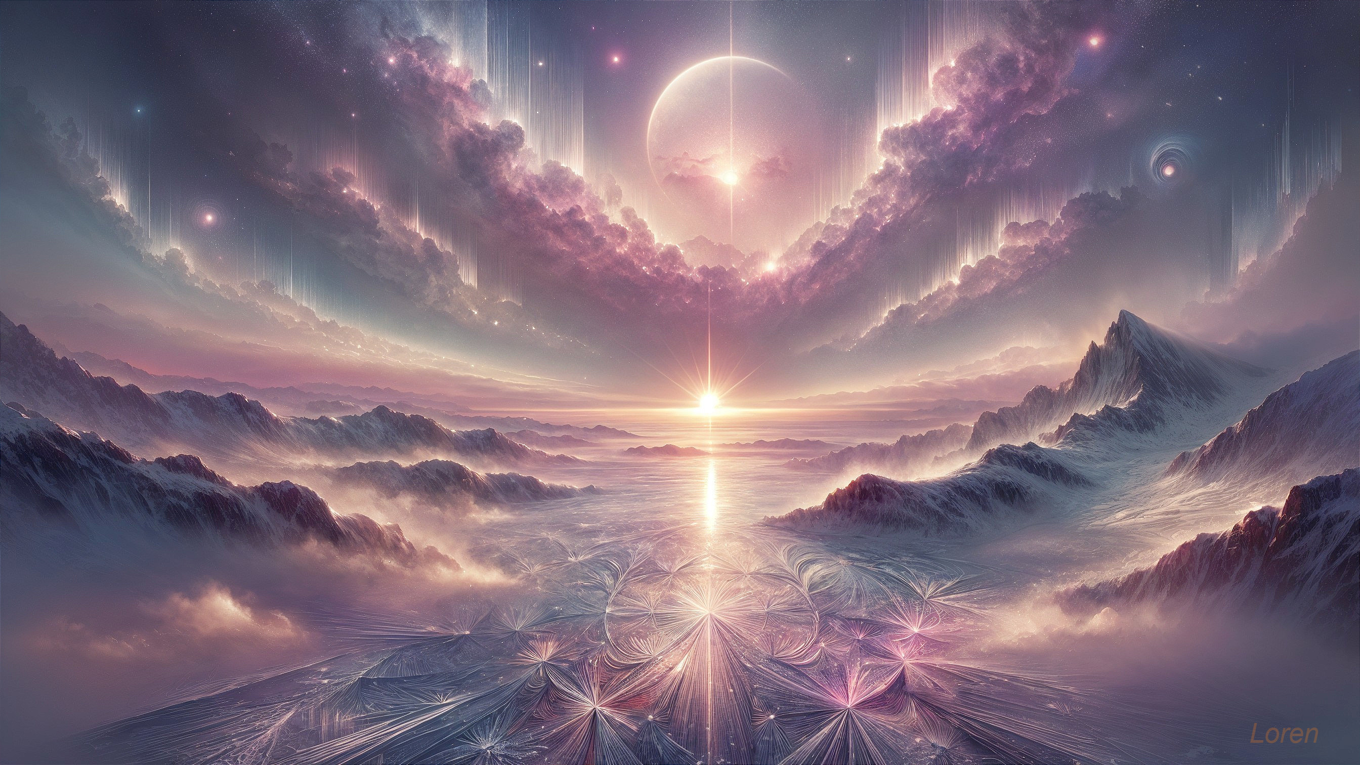 Cosmic Landscape with Glowing Sun and Mountains